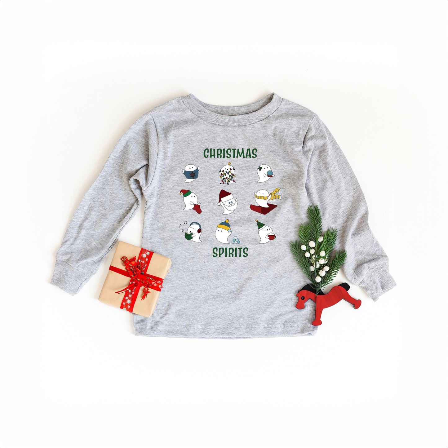 Christmas Spirits Green Words | Youth Graphic Long Sleeve Tee