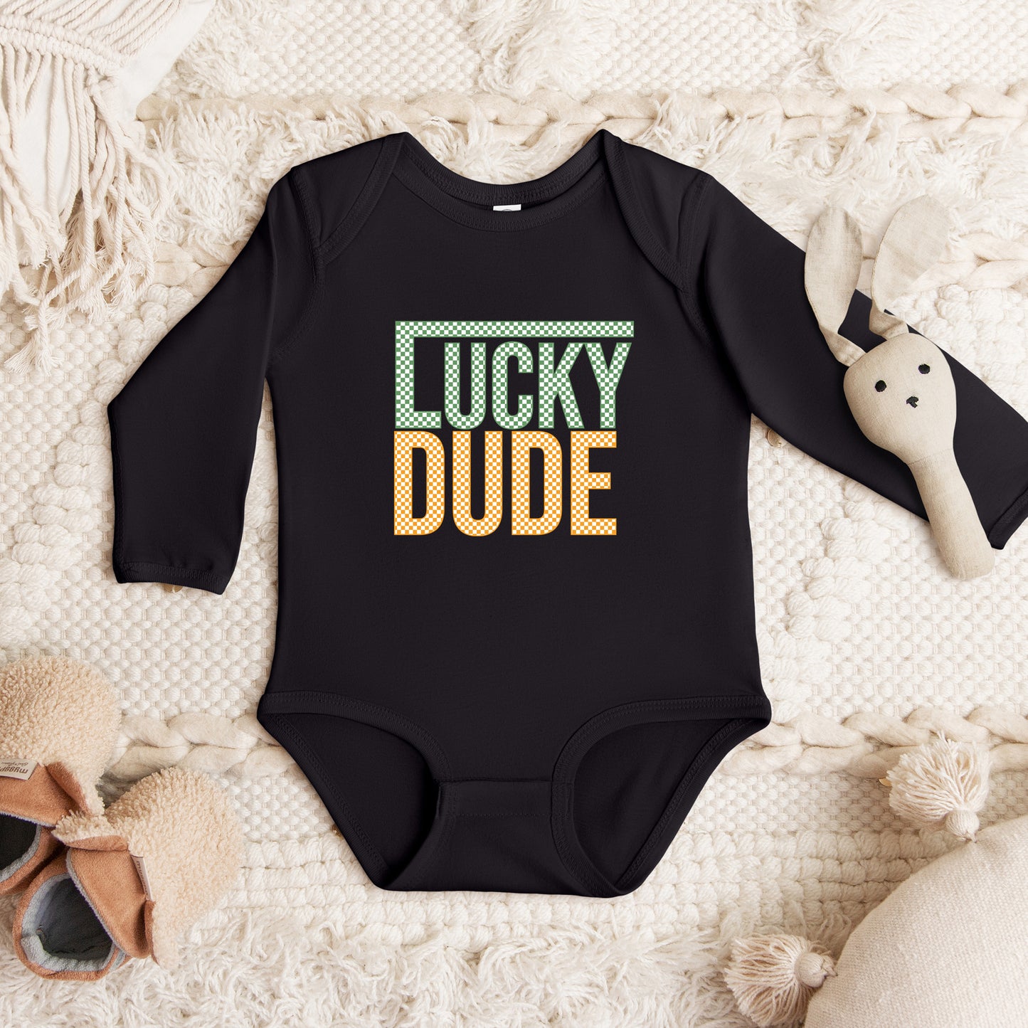 Block Checkered Lucky Dude | Baby Graphic Long Sleeve Onesie