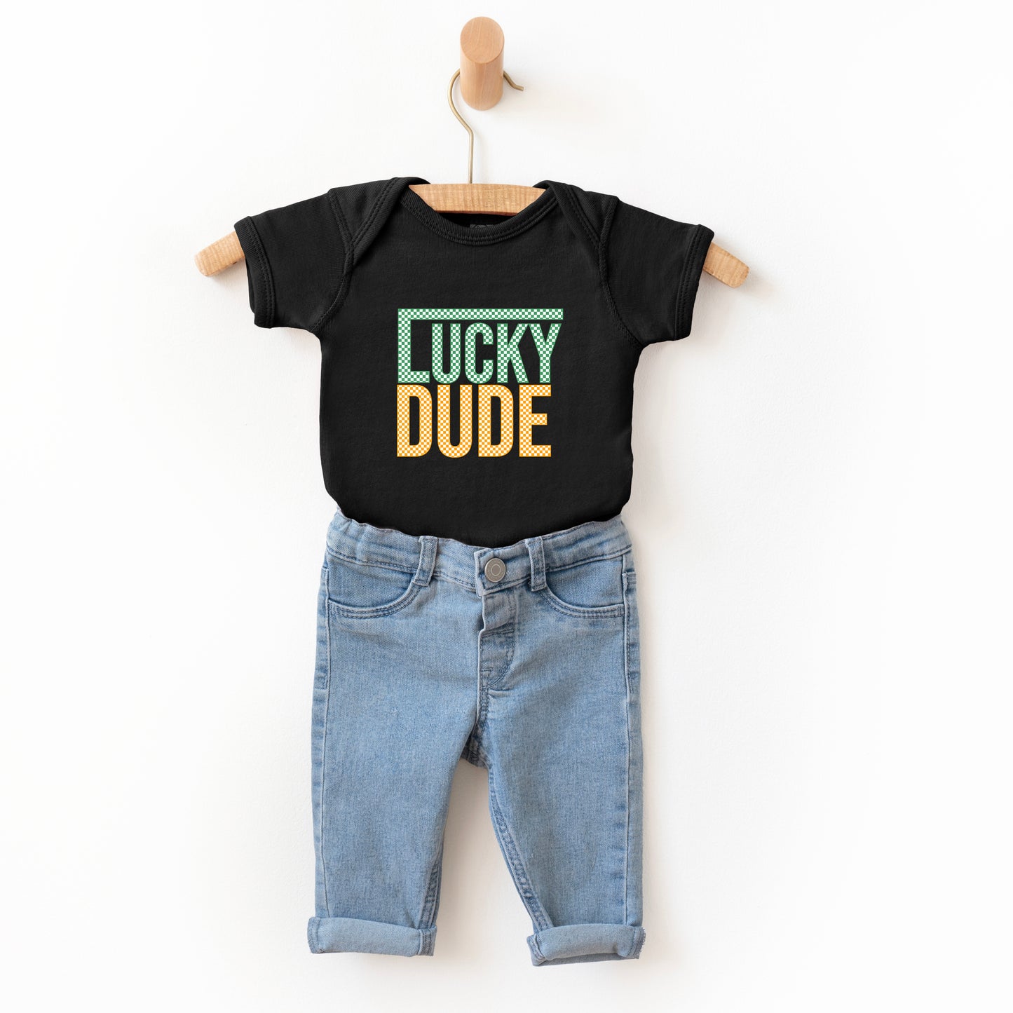 Block Checkered Lucky Dude | Baby Graphic Short Sleeve Onesie