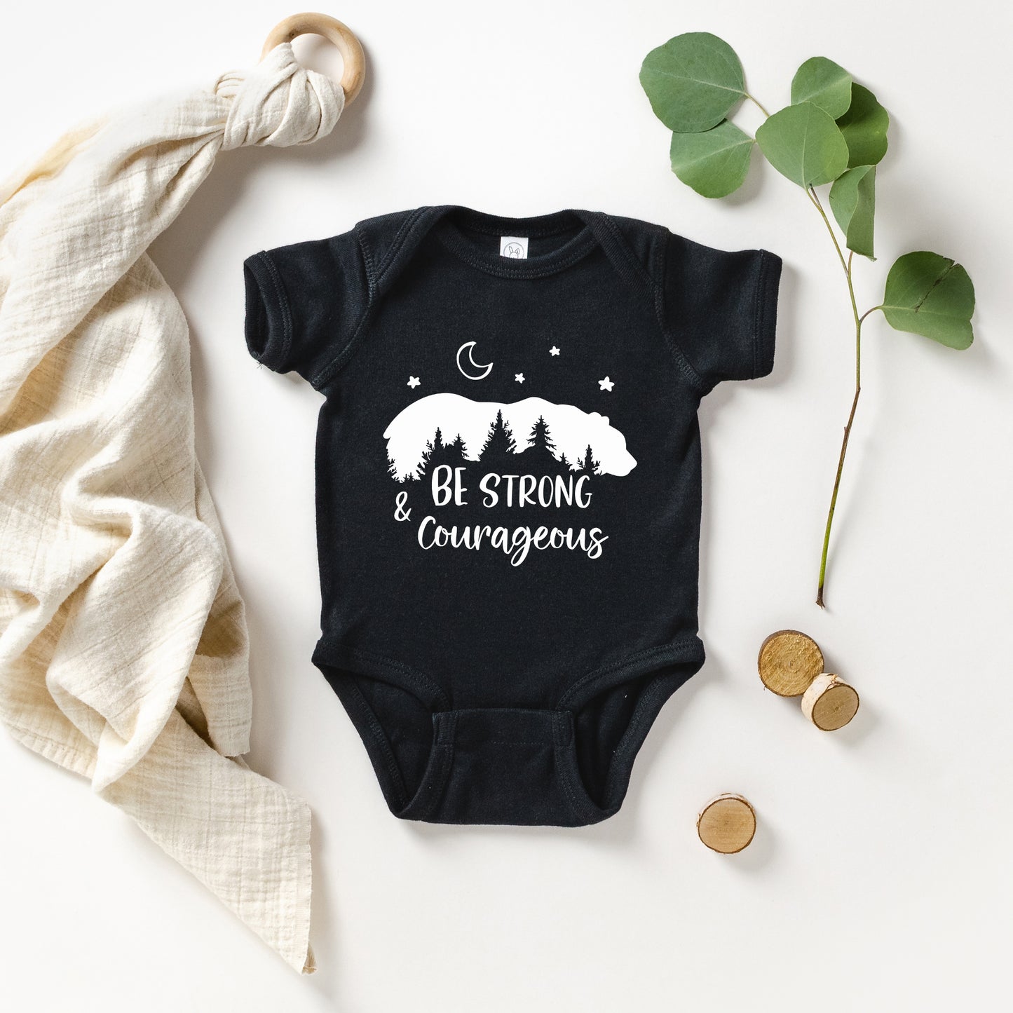 Be Strong And Courageous Bear Trees | Baby Graphic Short Sleeve Onesie