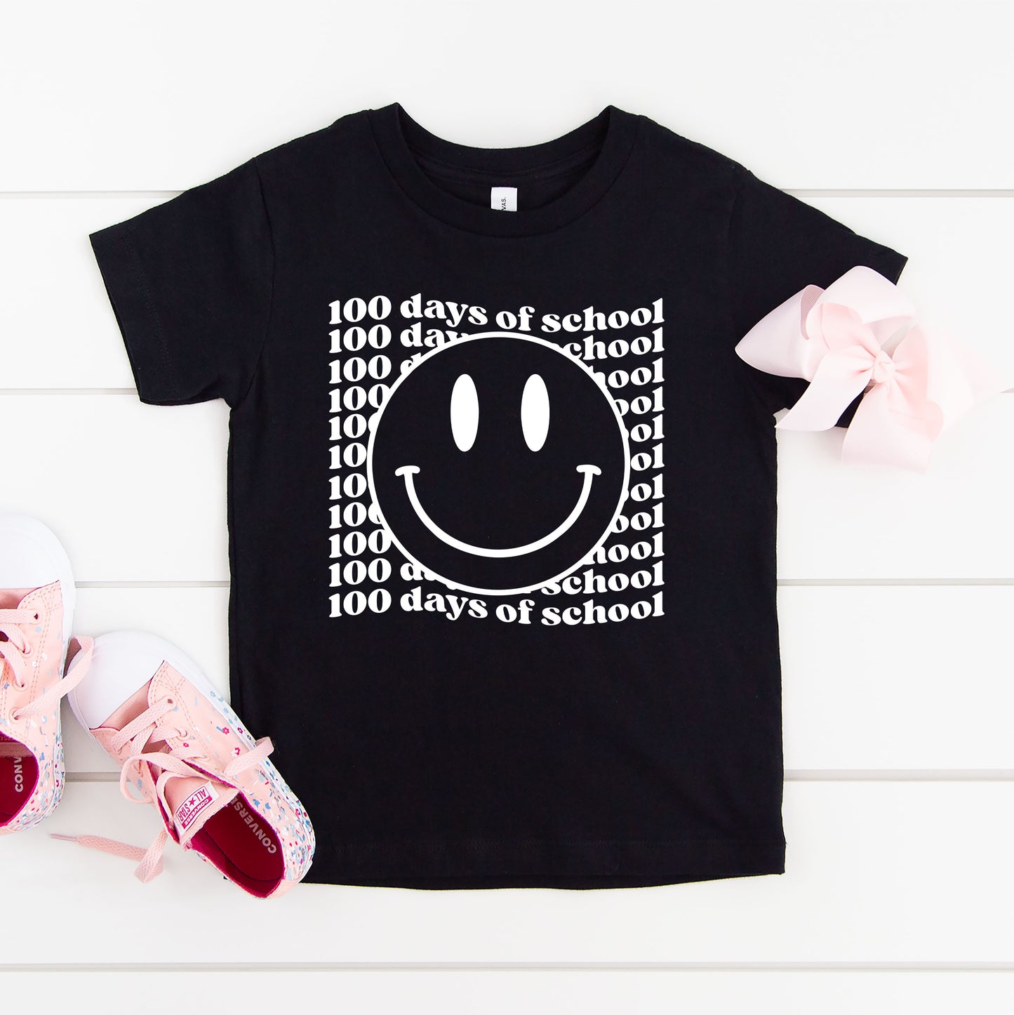 100 Days Of School Stacked With Smiley Face | Toddler Graphic Short Sleeve Tee
