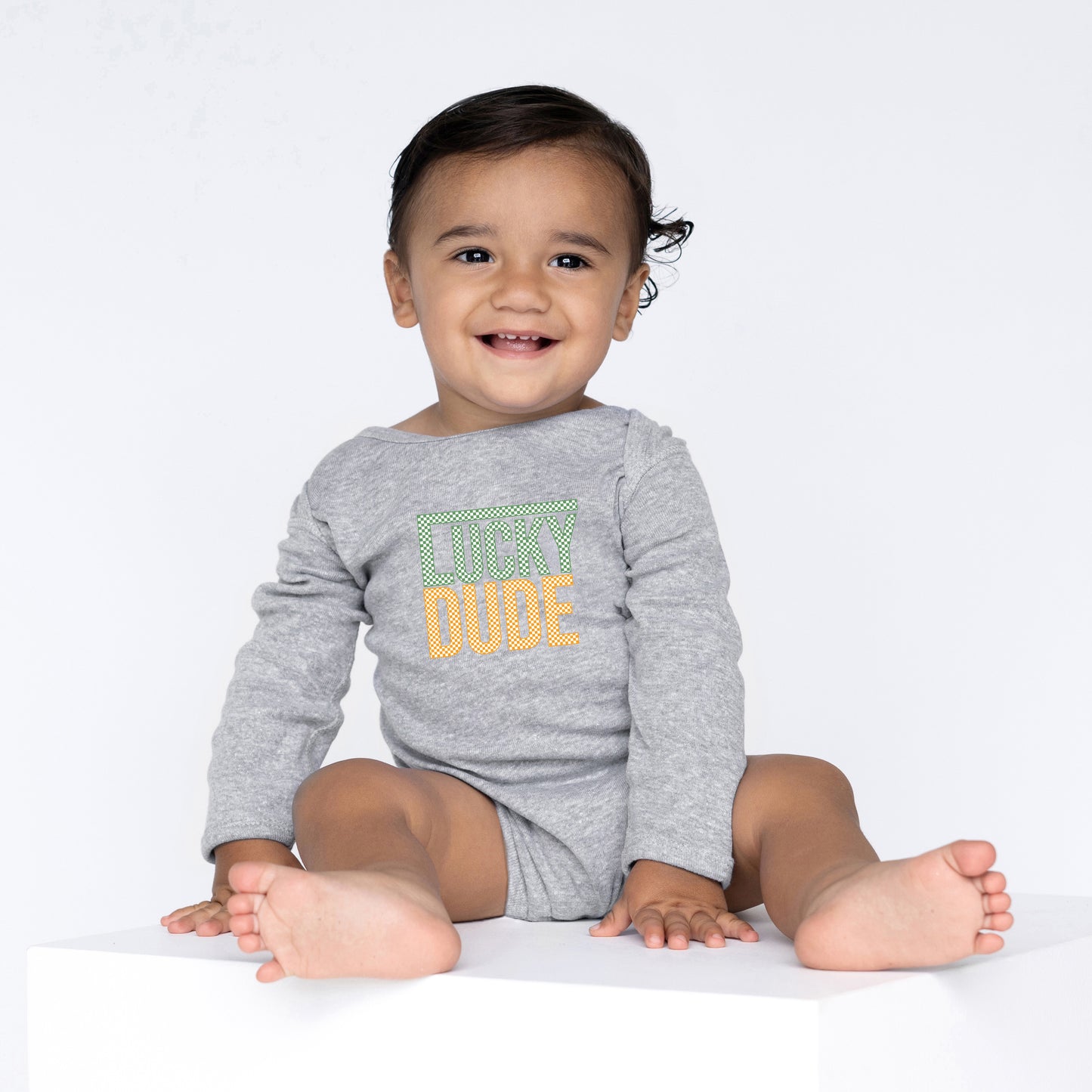 Block Checkered Lucky Dude | Baby Graphic Long Sleeve Onesie