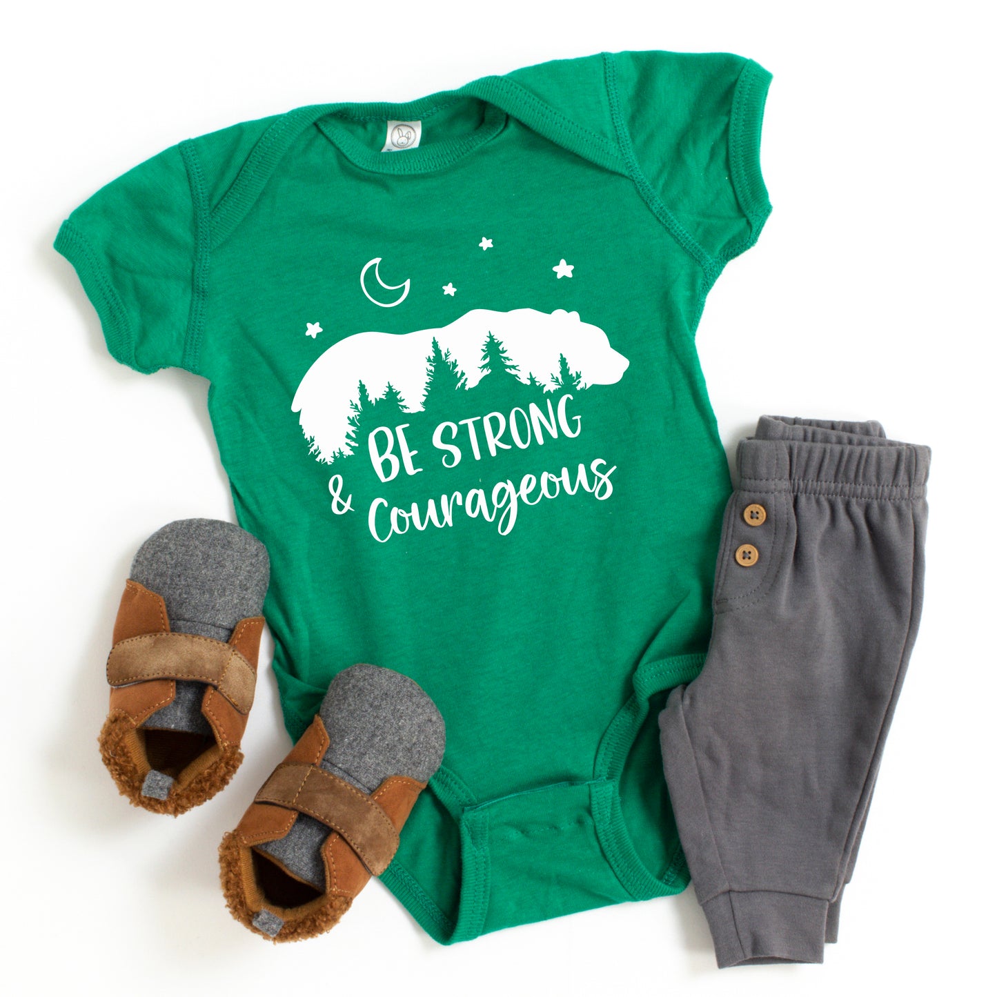 Be Strong And Courageous Bear Trees | Baby Graphic Short Sleeve Onesie