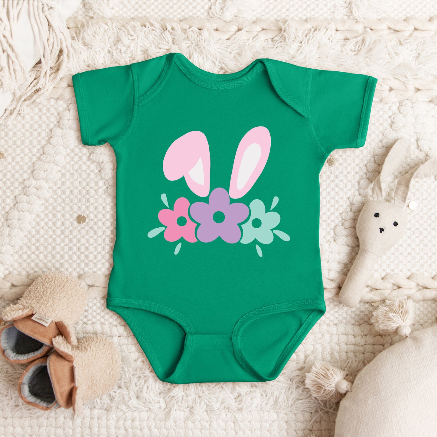 Bunny Ears With Flowers | Baby Graphic Short Sleeve Onesie