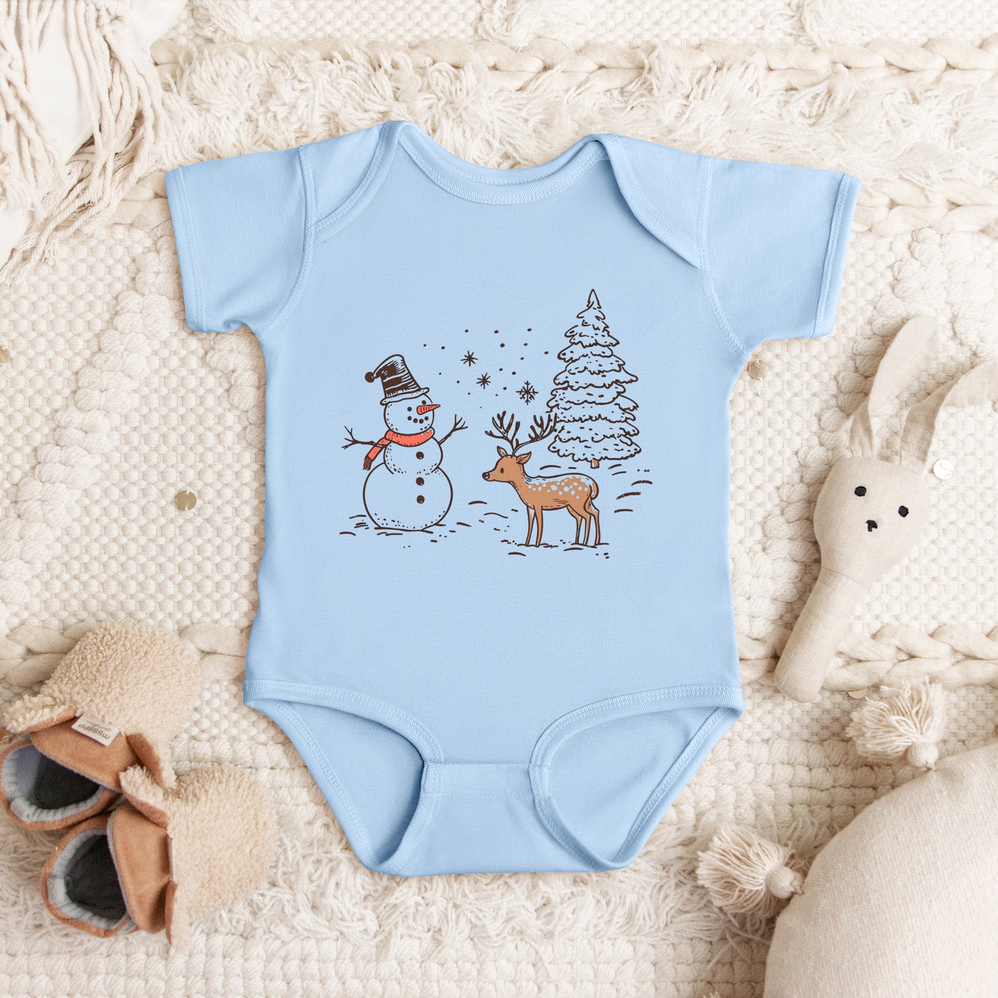 Deer Snowman Scene | Baby Graphic Short Sleeve Onesie
