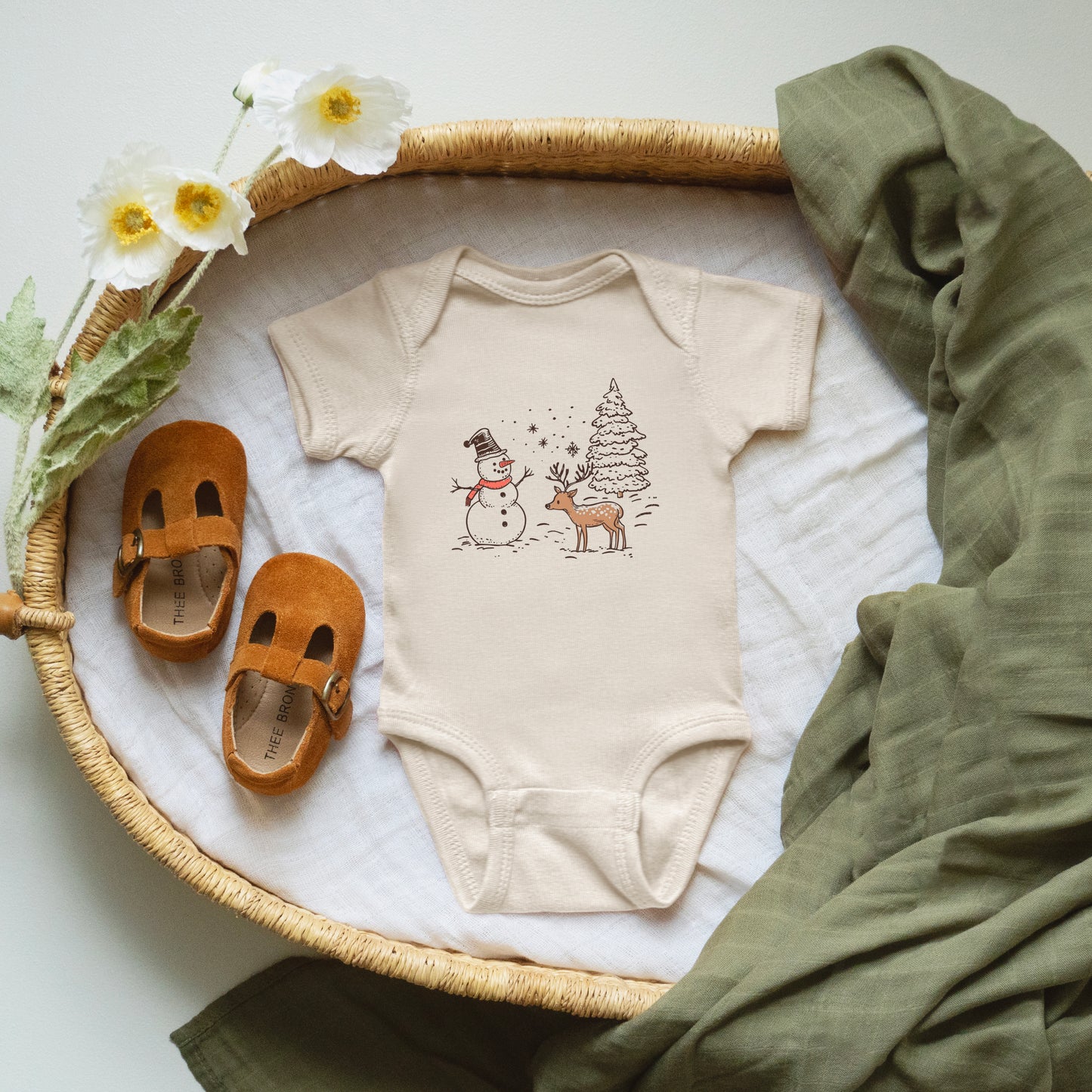 Deer Snowman Scene | Baby Graphic Short Sleeve Onesie