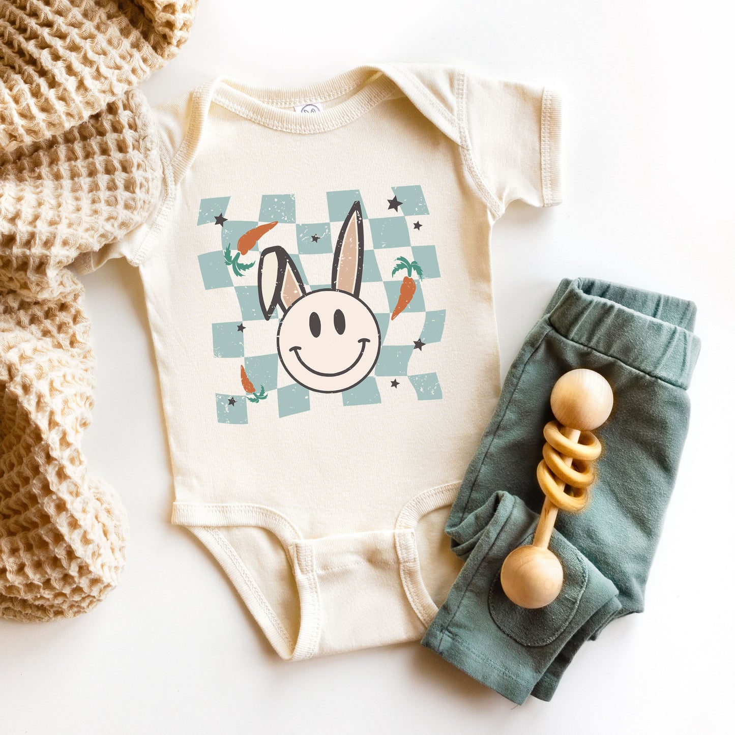 Checkered Smiley Easter Bunny | Baby Graphic Short Sleeve Onesie