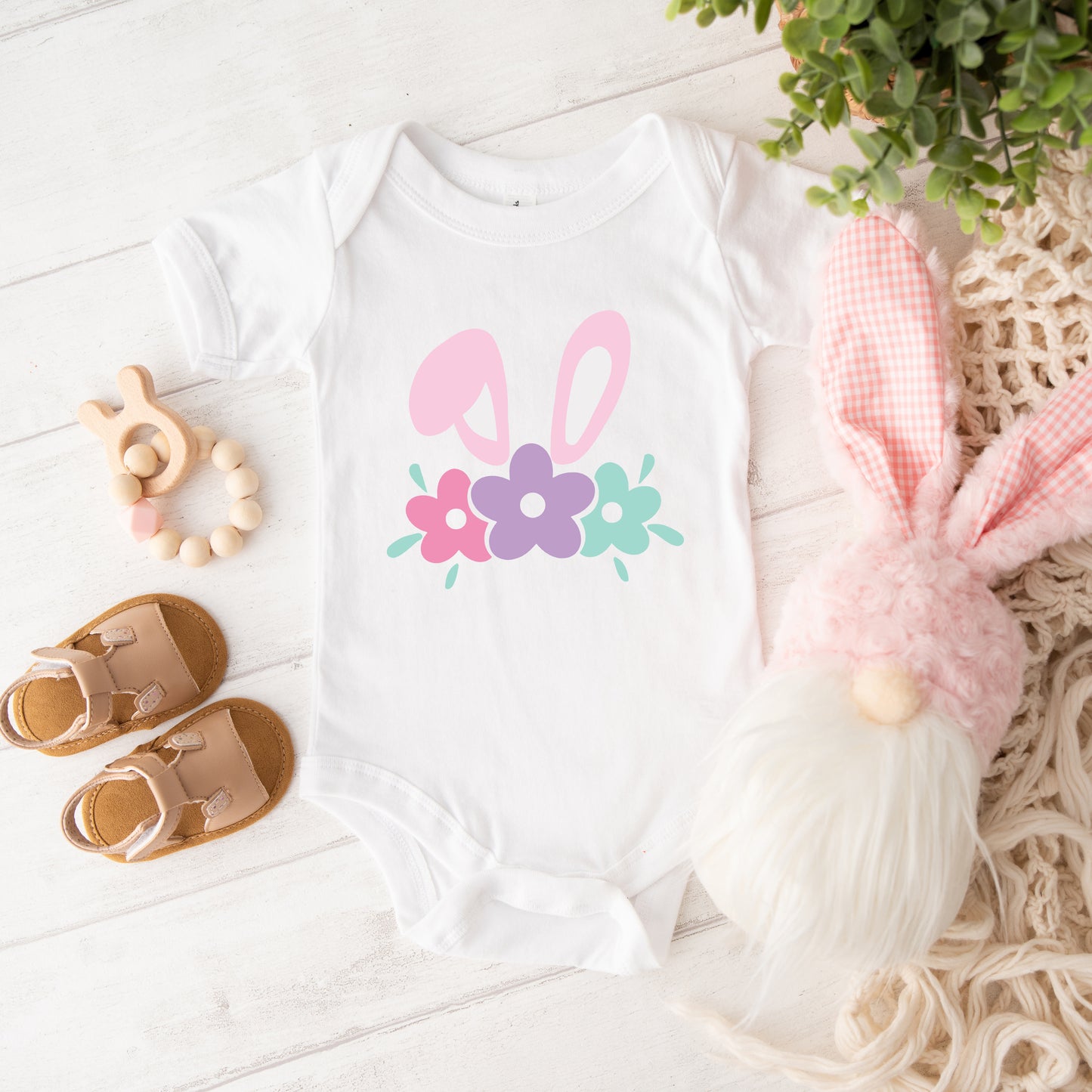 Bunny Ears With Flowers | Baby Graphic Short Sleeve Onesie