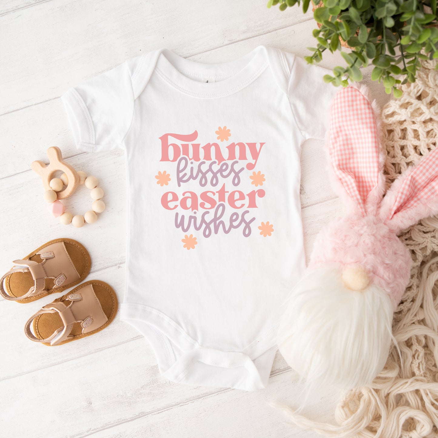 Bunny Kisses Easter Wishes Flowers | Baby Graphic Short Sleeve Onesie