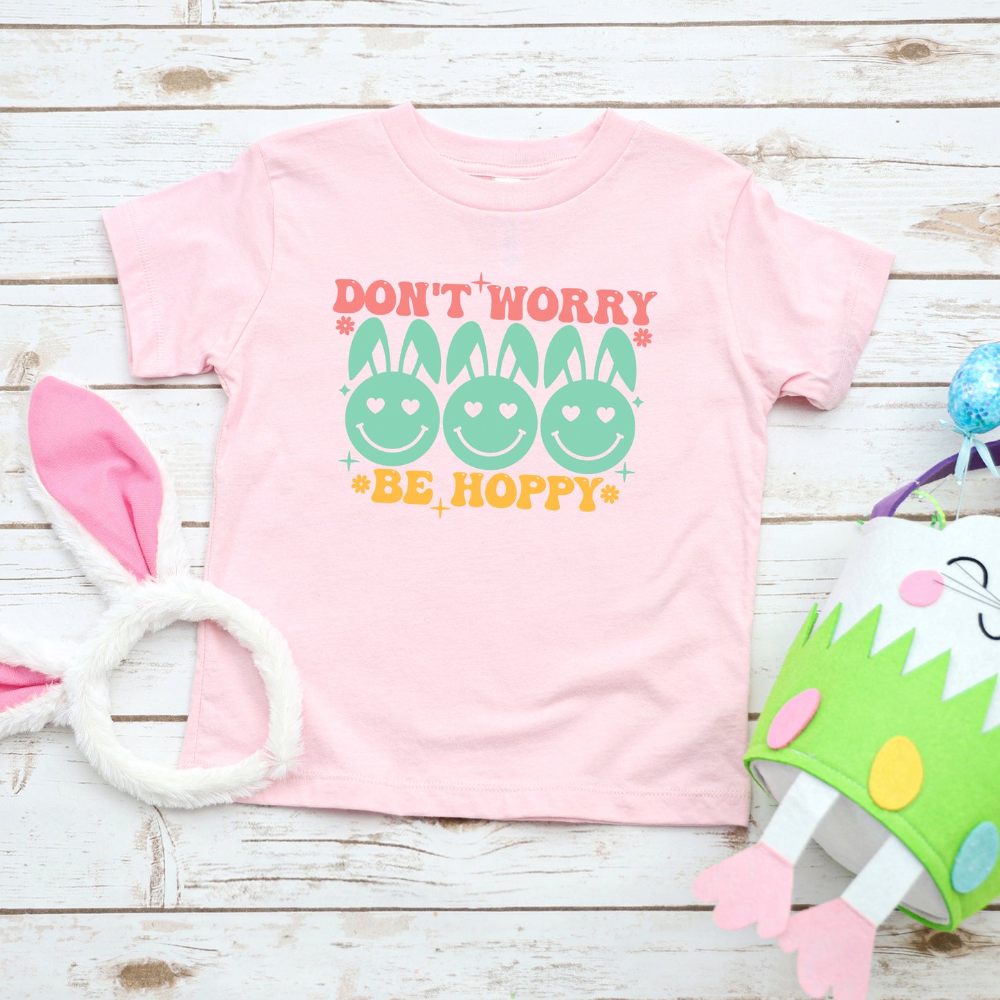 Don't Worry Be Hoppy Smiley Face With Ears | Youth Graphic Short Sleeve Tee