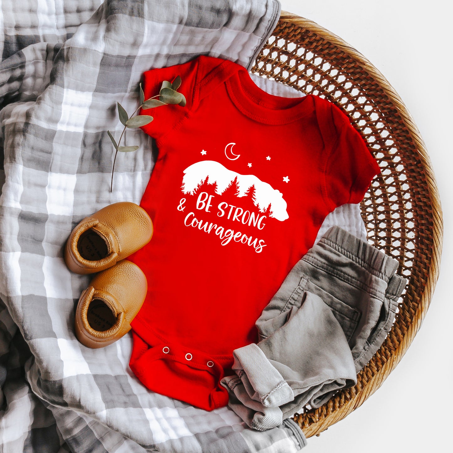Be Strong And Courageous Bear Trees | Baby Graphic Short Sleeve Onesie
