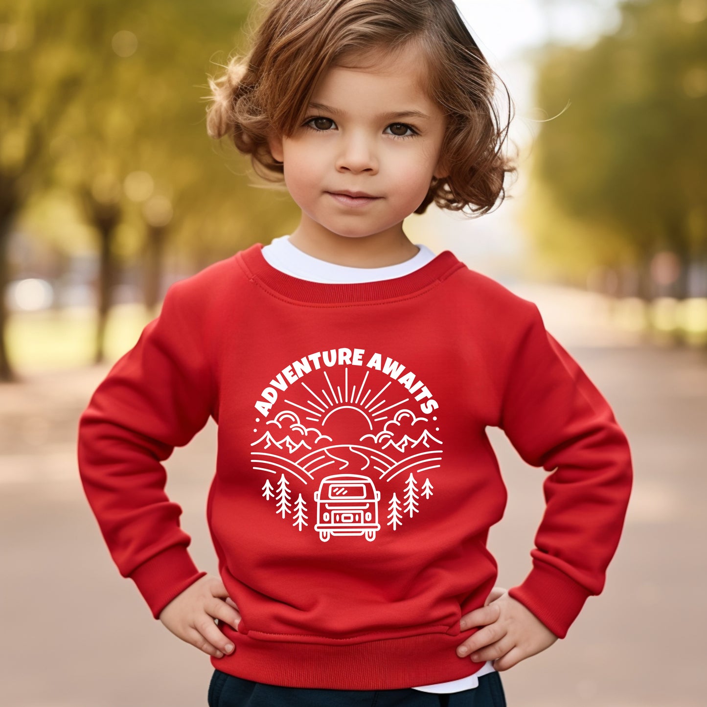 Adventure Awaits Landscape Circle With Van | Toddler Graphic Sweatshirt