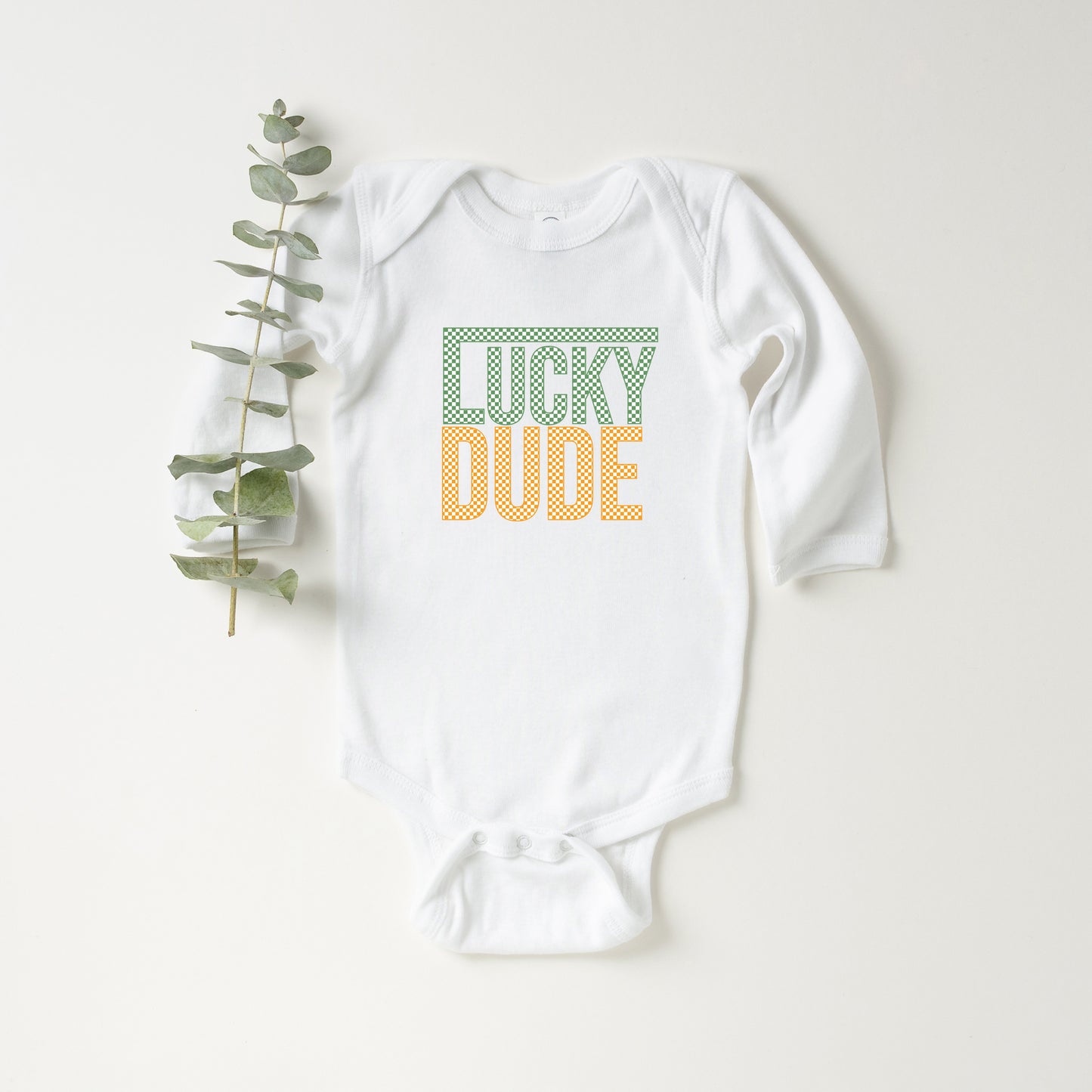 Block Checkered Lucky Dude | Baby Graphic Long Sleeve Onesie