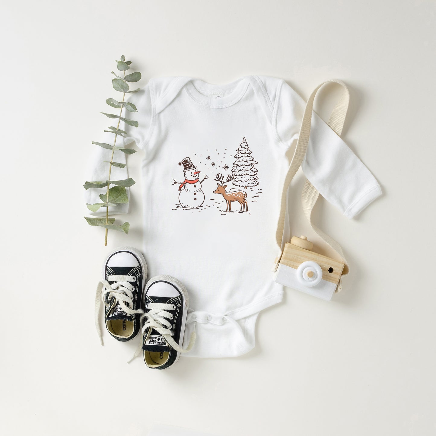 Deer Snowman Scene | Baby Graphic Long Sleeve Onesie