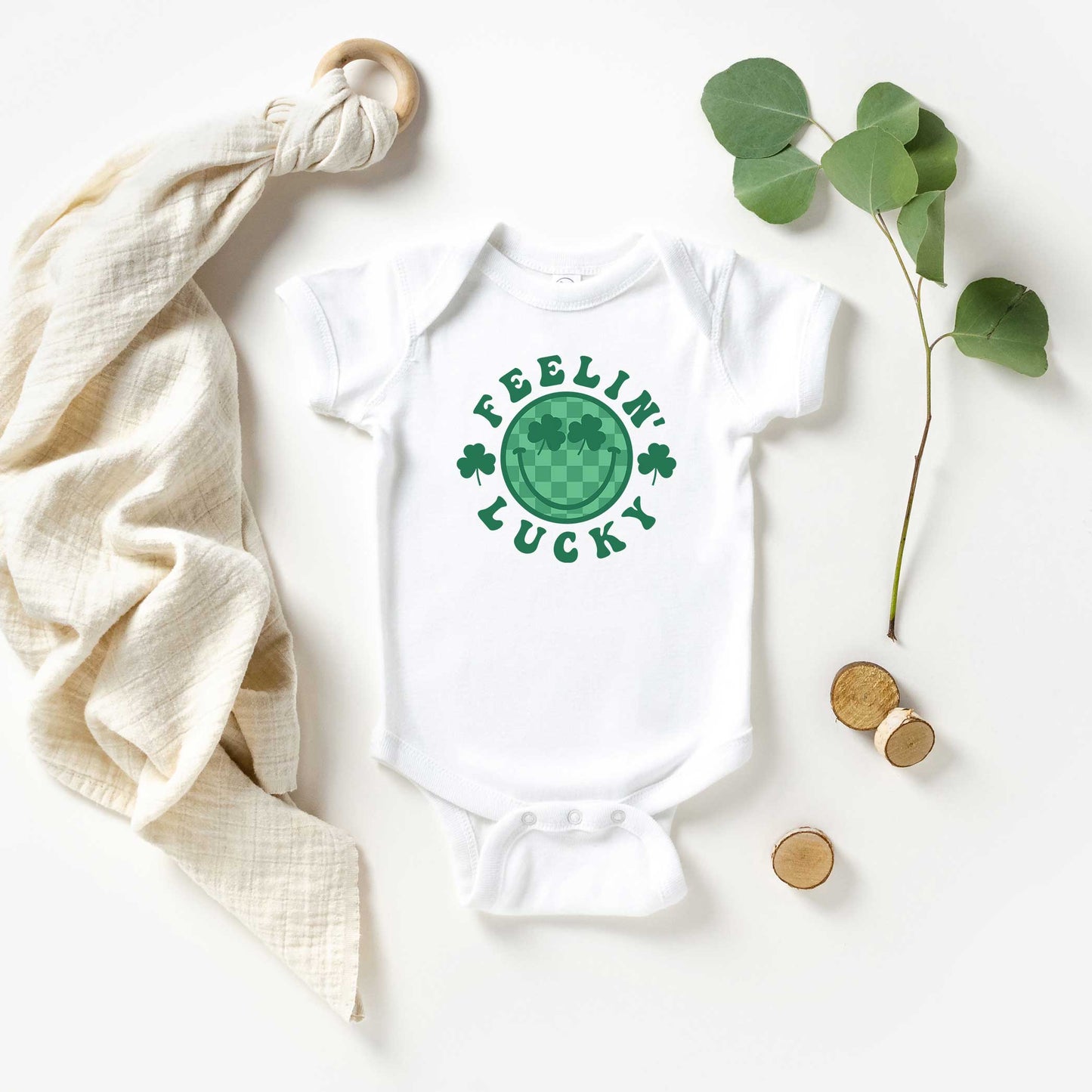 Feelin Lucky Checkered Smiley Face | Baby Graphic Short Sleeve Onesie