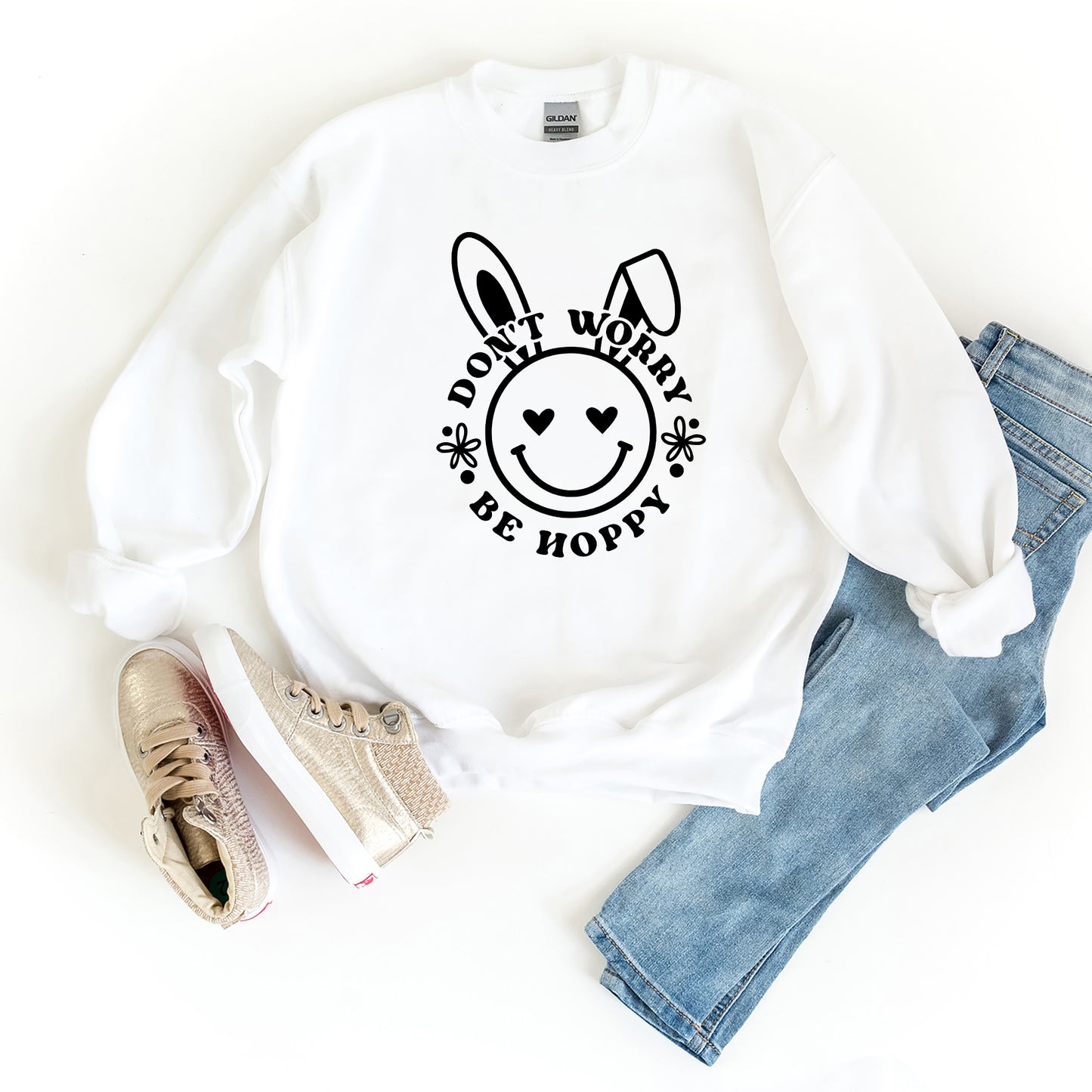 Don't Worry Be Hoppy Smiley Bunny | Youth Graphic Sweatshirt