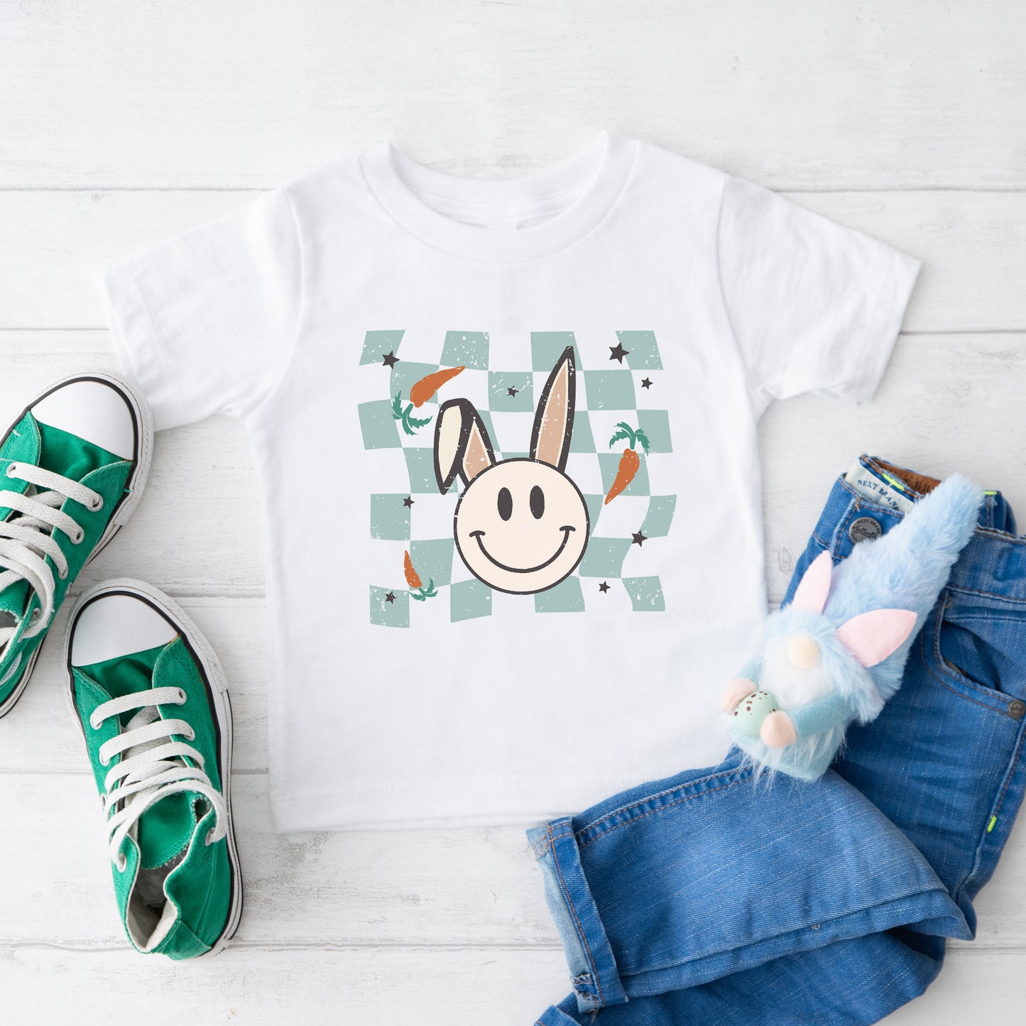 Checkered Smiley Easter Bunny | Toddler Short Sleeve Crew Neck