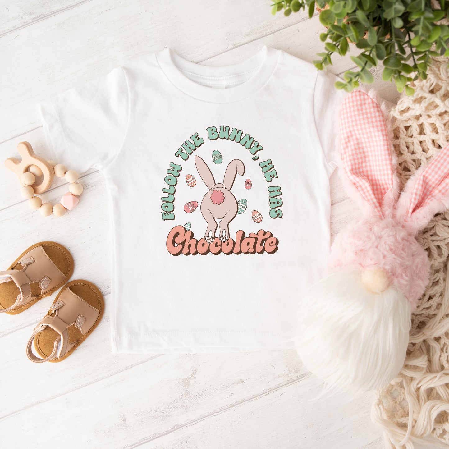 Follow The Bunny He Has Chocolate | Toddler Short Sleeve Crew Neck