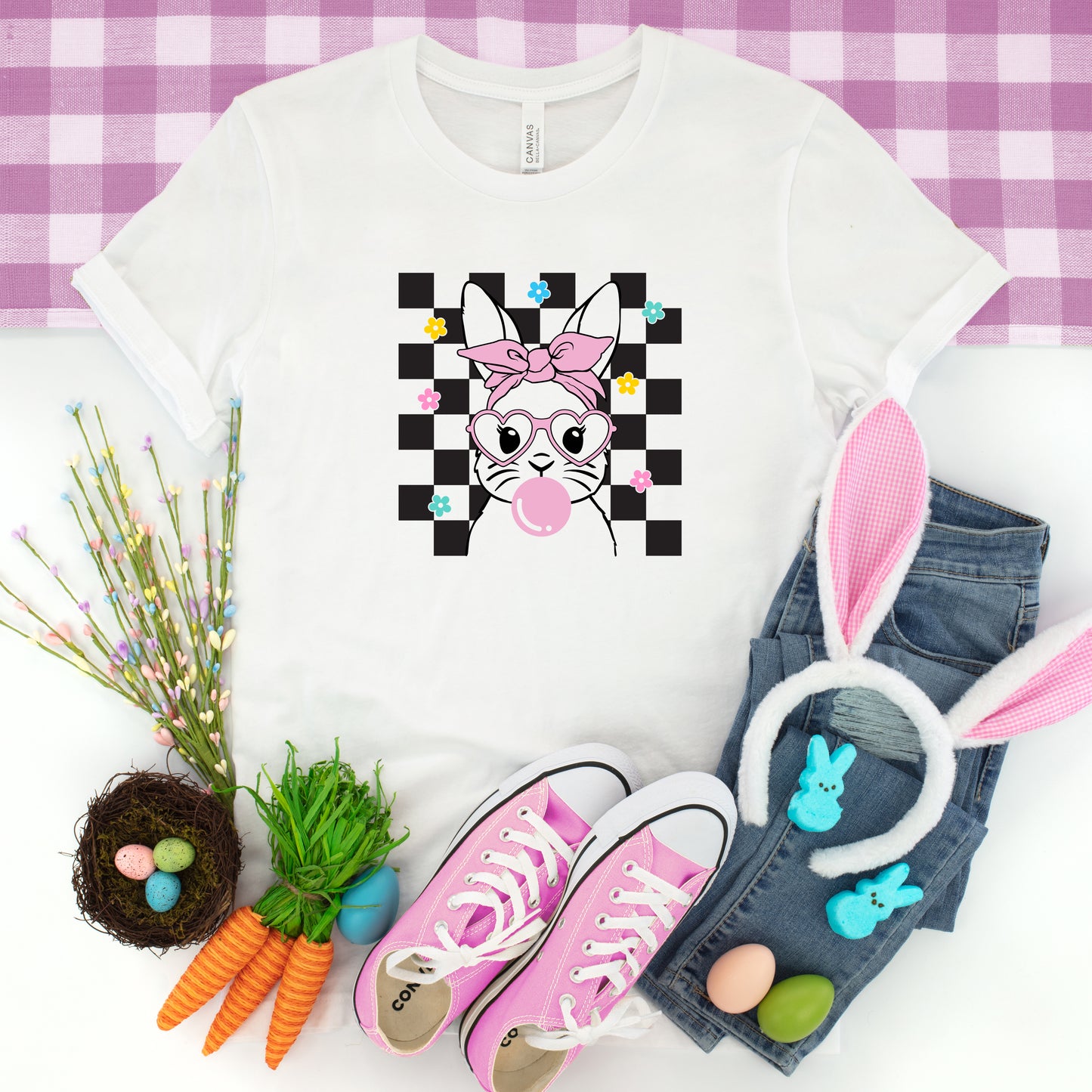 Checkered Groovy Bunny | Youth Graphic Short Sleeve Tee
