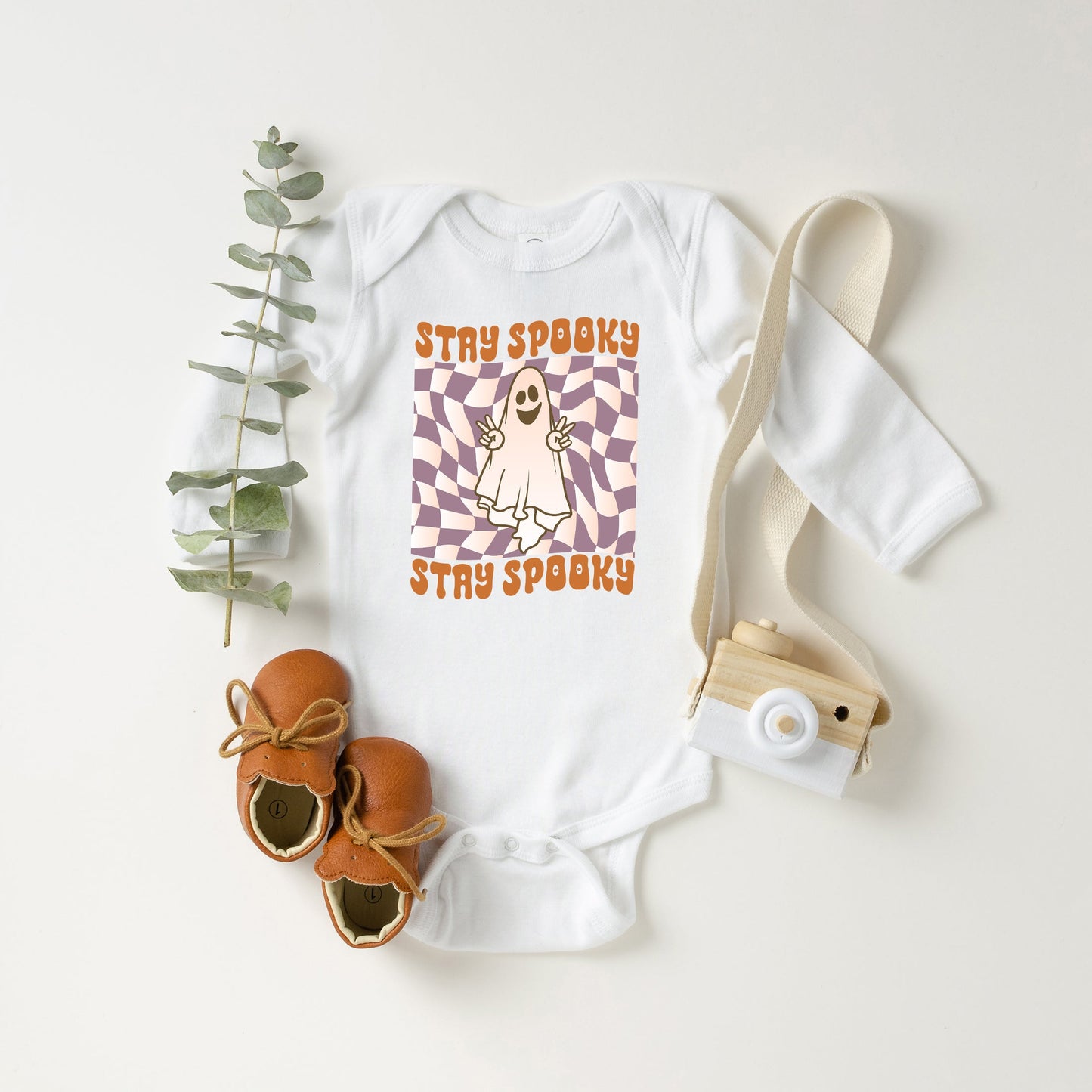 Checkered Stay Spooky Ghost | Baby Long Sleeve Onesie