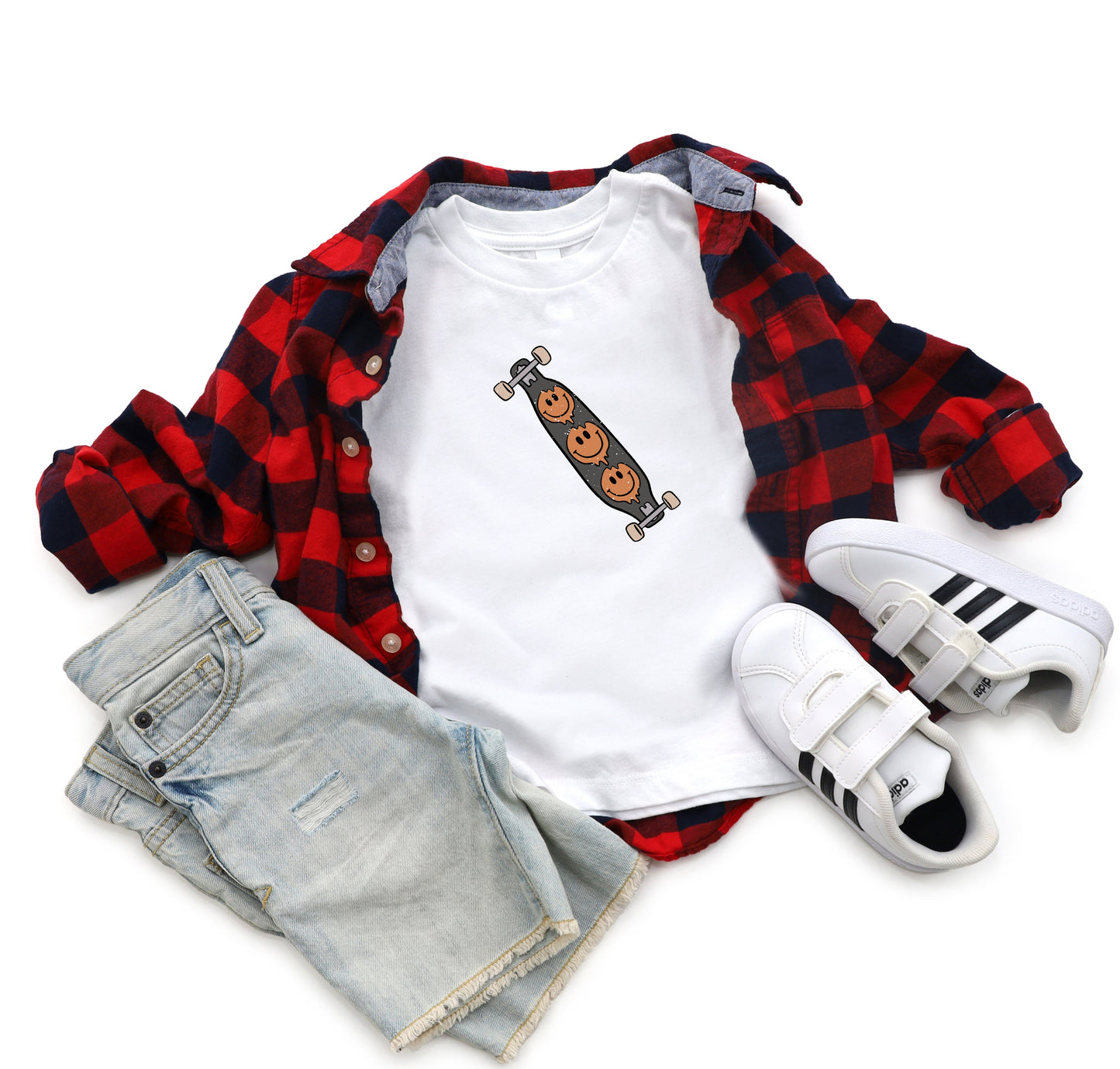 Skate Board With Smiley Faces | Youth Short Sleeve Crew Neck