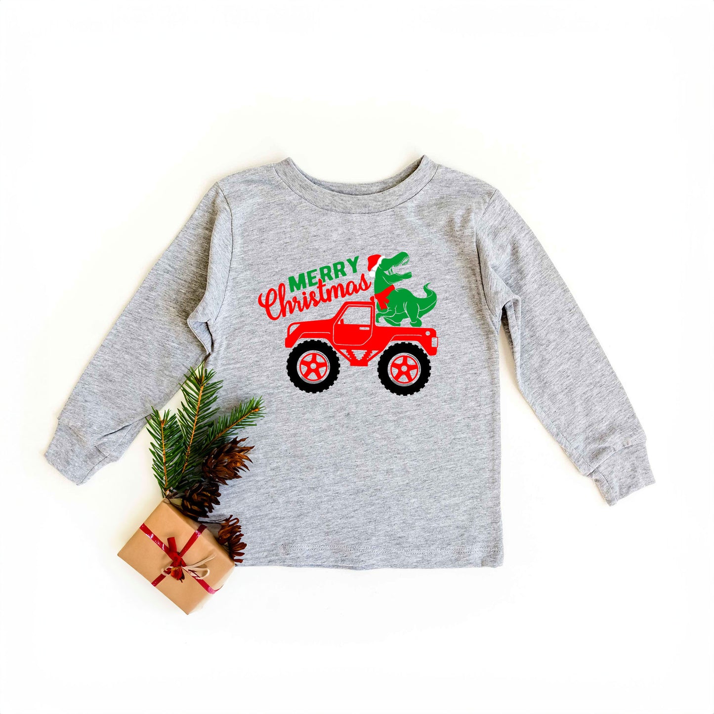 Christmas Dino Truck | Toddler Graphic Long Sleeve Tee