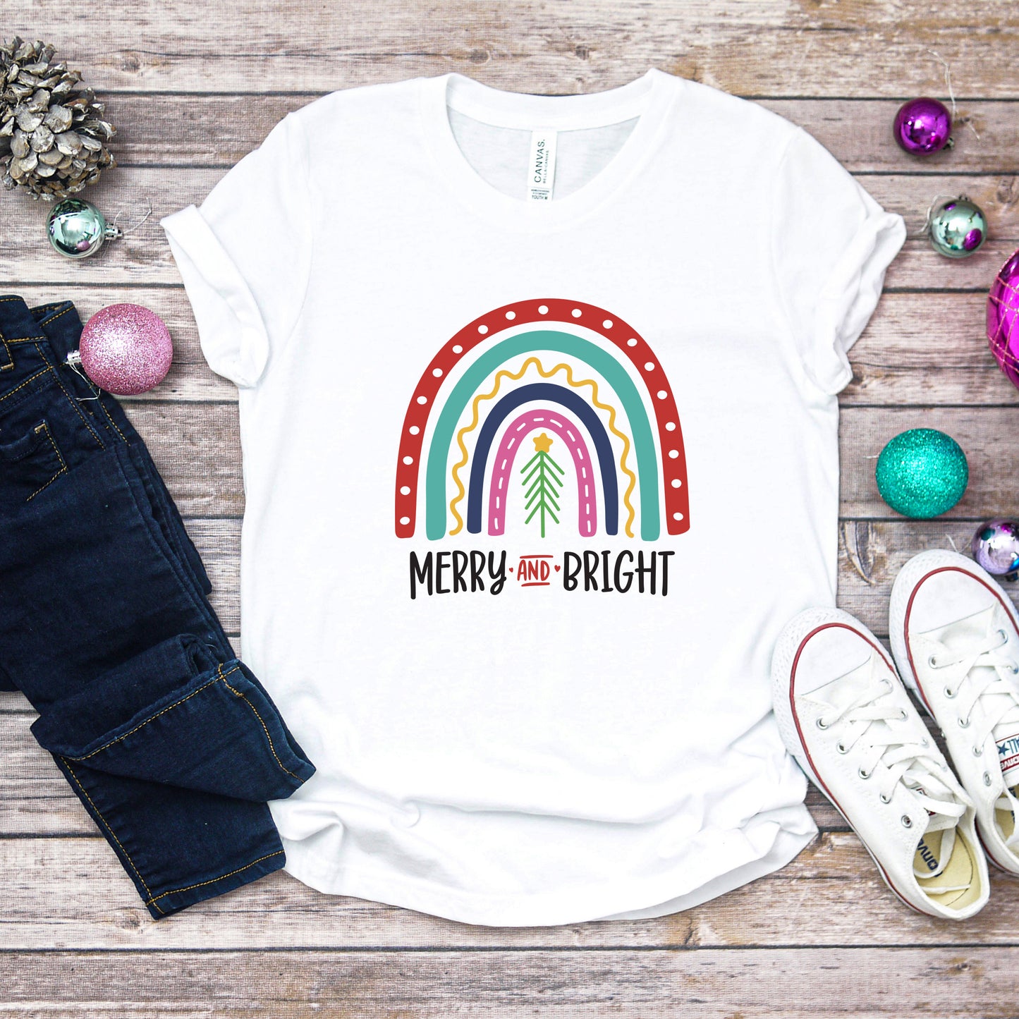 Merry And Bright Rainbow | Toddler Graphic Short Sleeve Tee