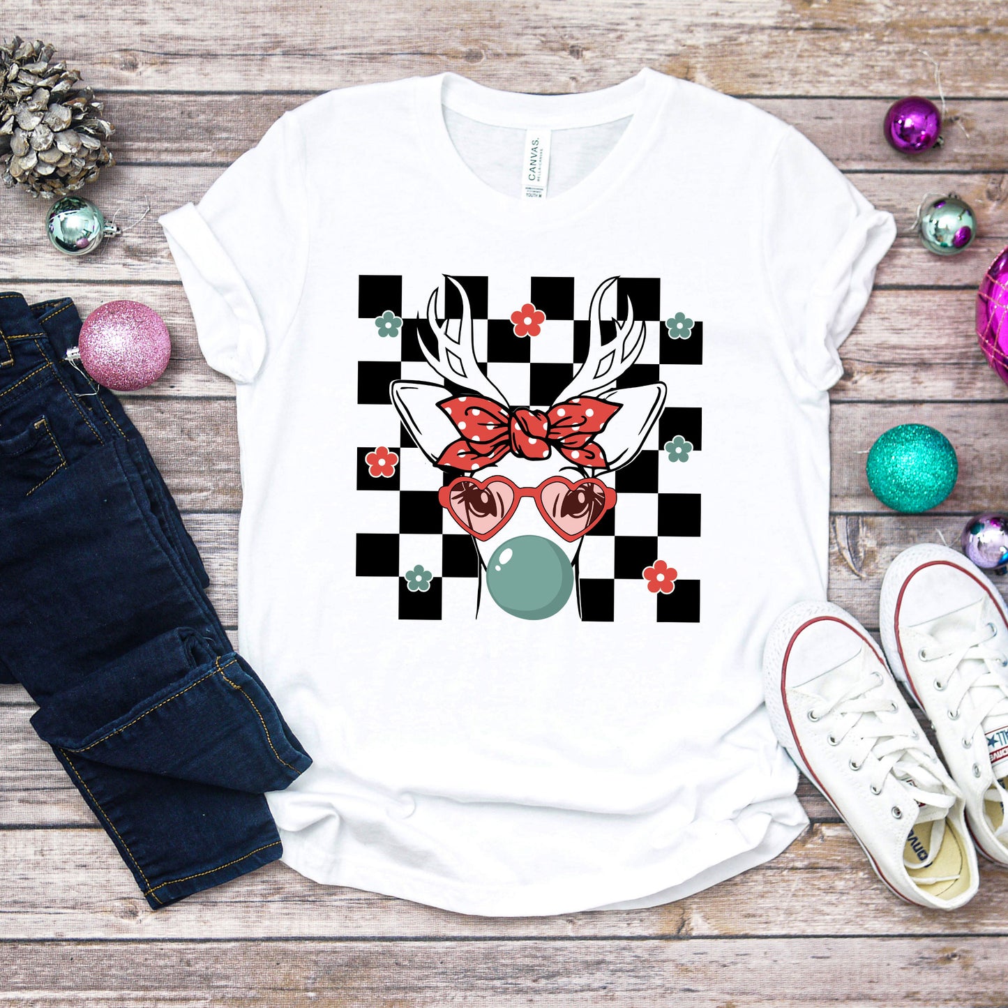 Checkered Reindeer | Youth Short Sleeve Crew Neck