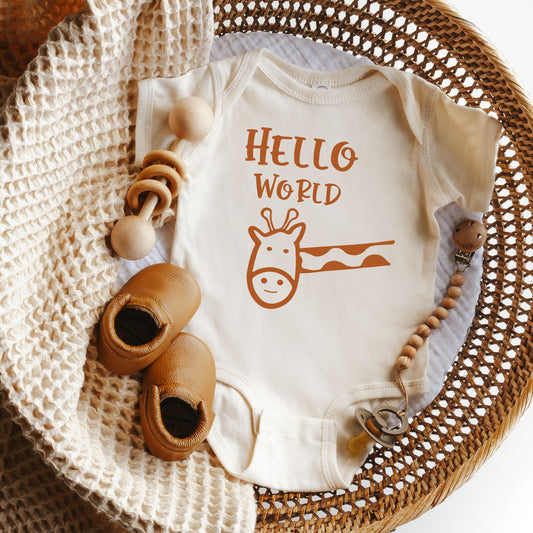 Hello World Giraffe | Baby Graphic Short Sleeve Onesie