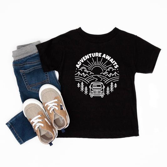 Adventure Awaits Landscape Circle With Van | Toddler Graphic Short Sleeve Tee