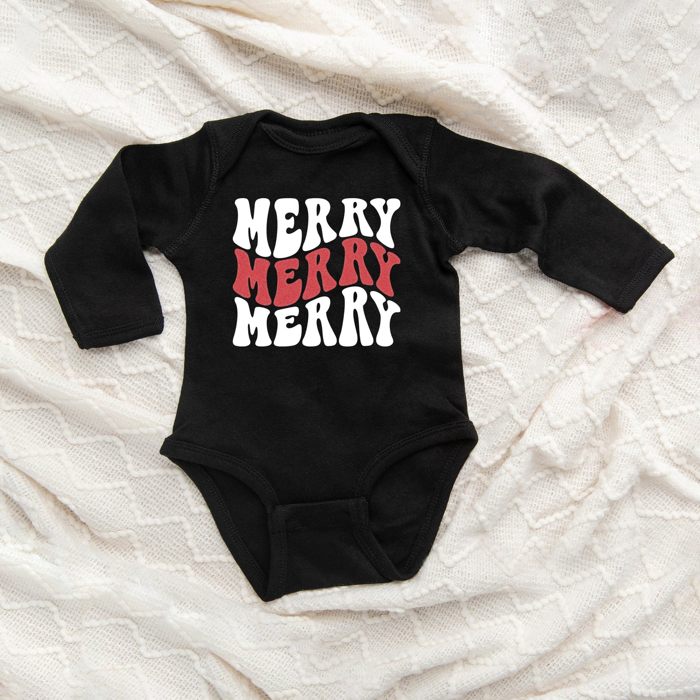 Merry Stacked Wavy Glitter | Baby Graphic Long Sleeve Onesie