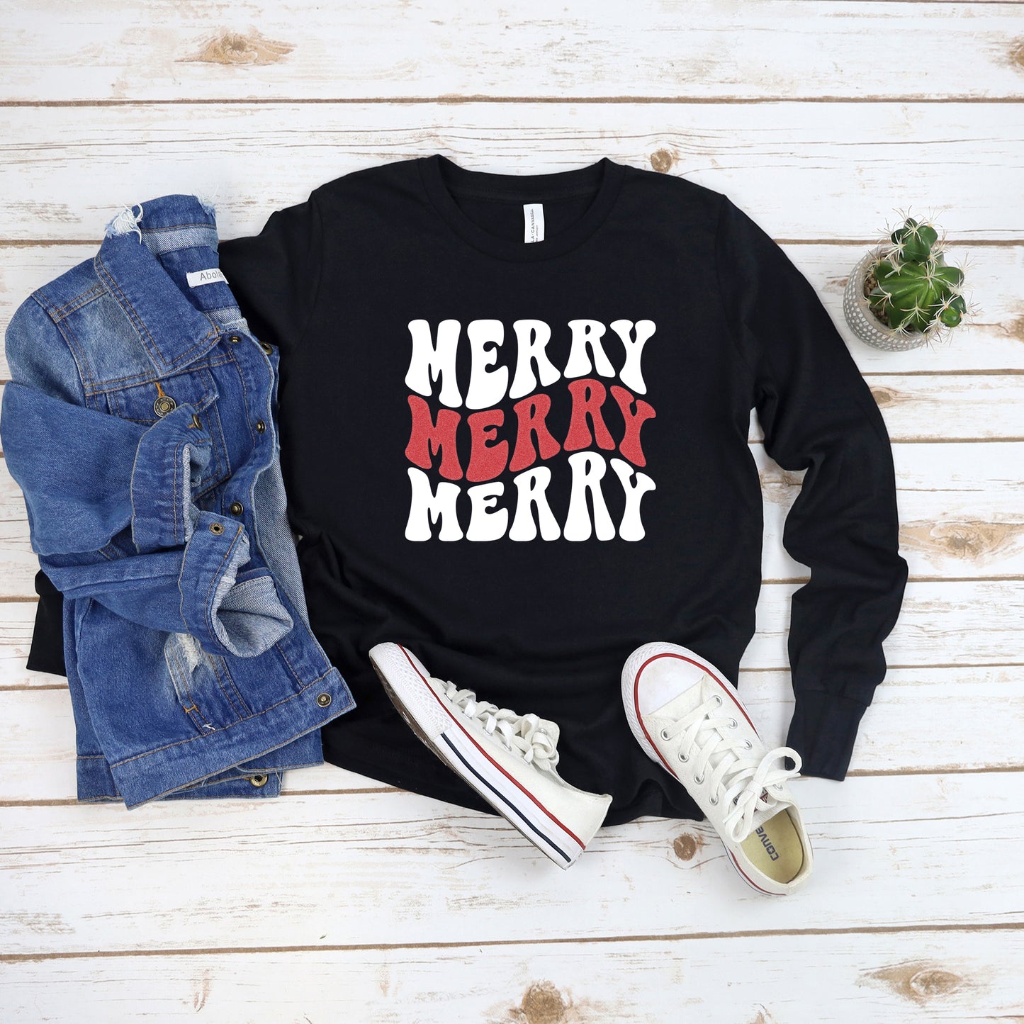 Merry Stacked Wavy Glitter | Toddler Graphic Long Sleeve Tee