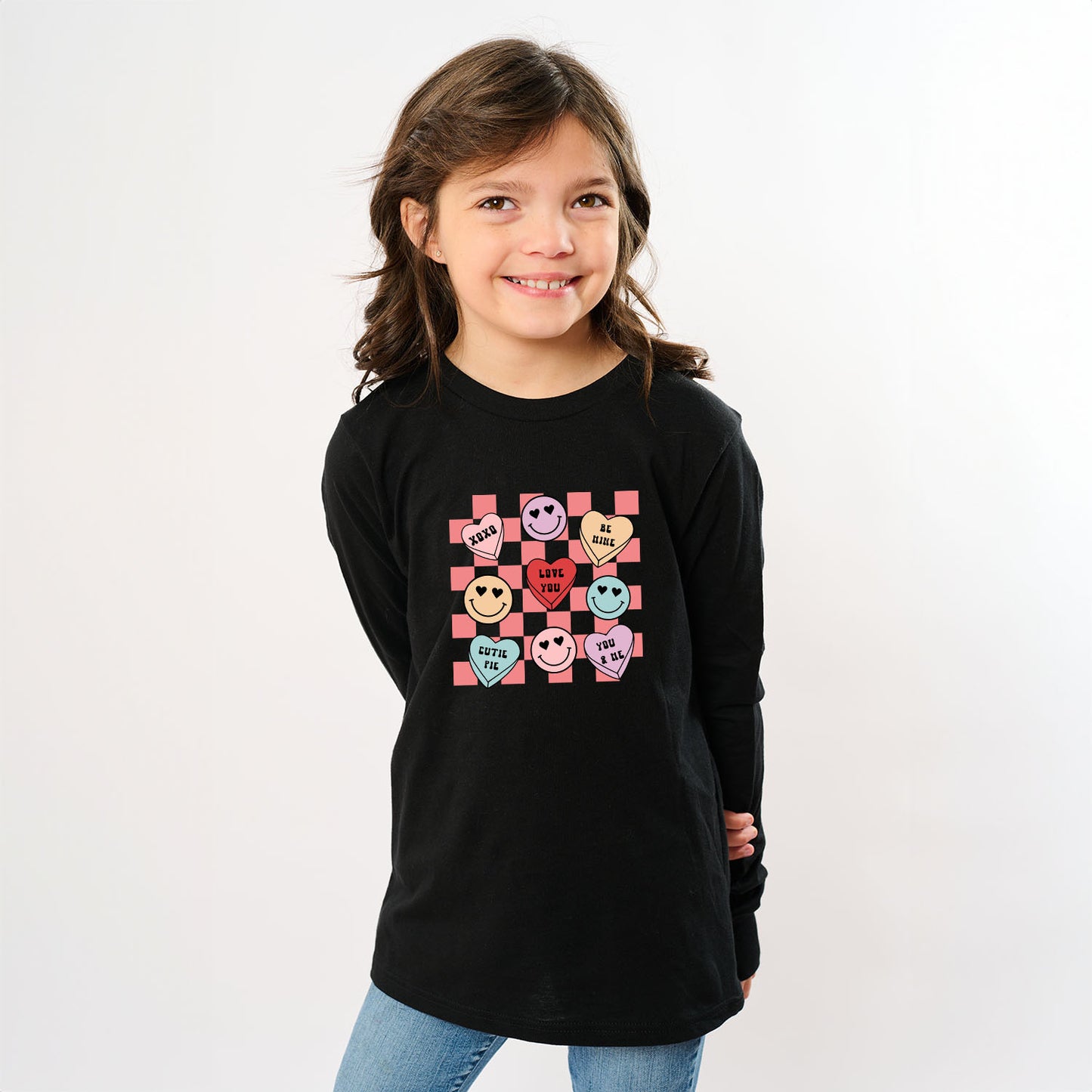 Candy Heart Smile Solid | Youth Graphic Long Sleeve Tee