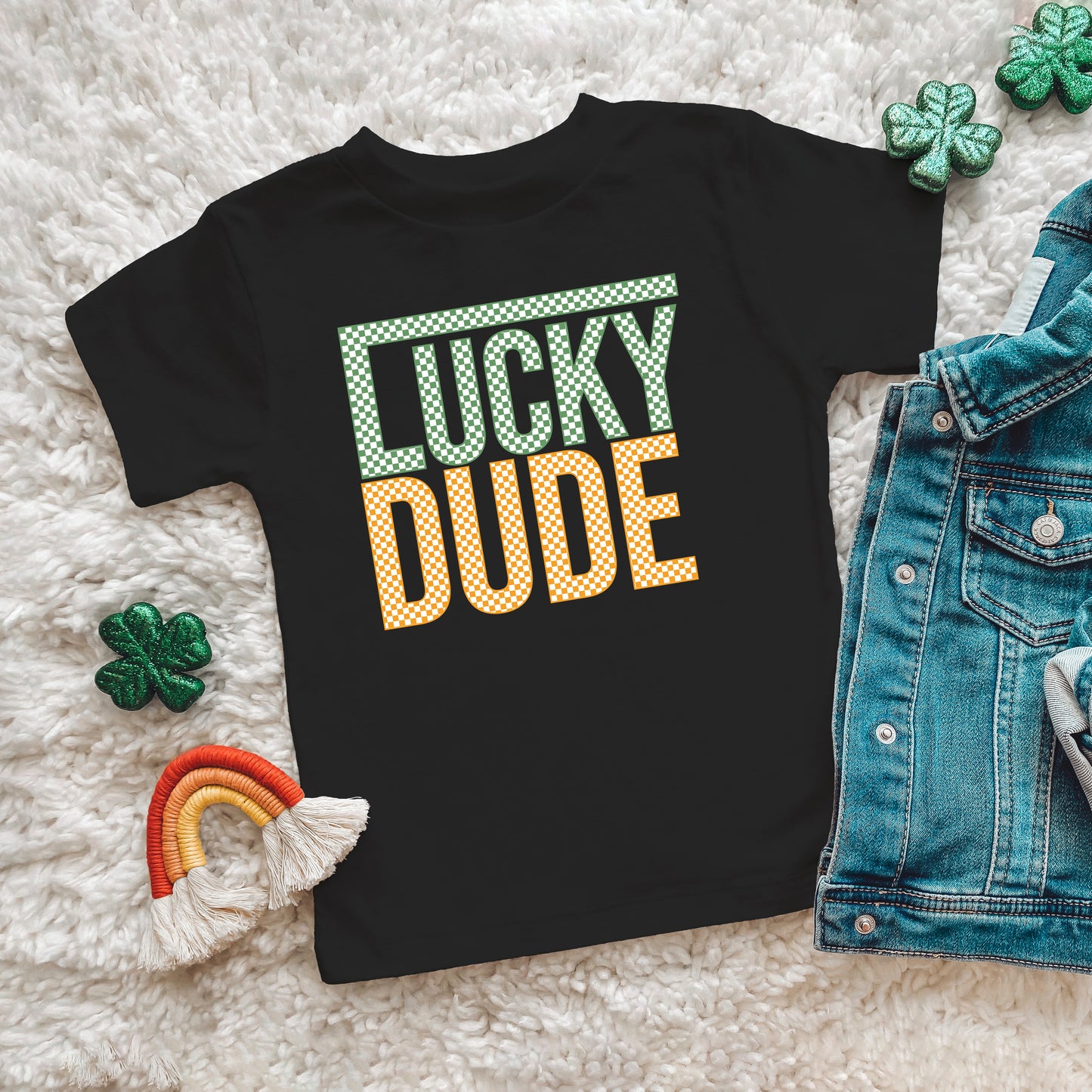 Block Checkered Lucky Dude | Toddler Graphic Short Sleeve Tee