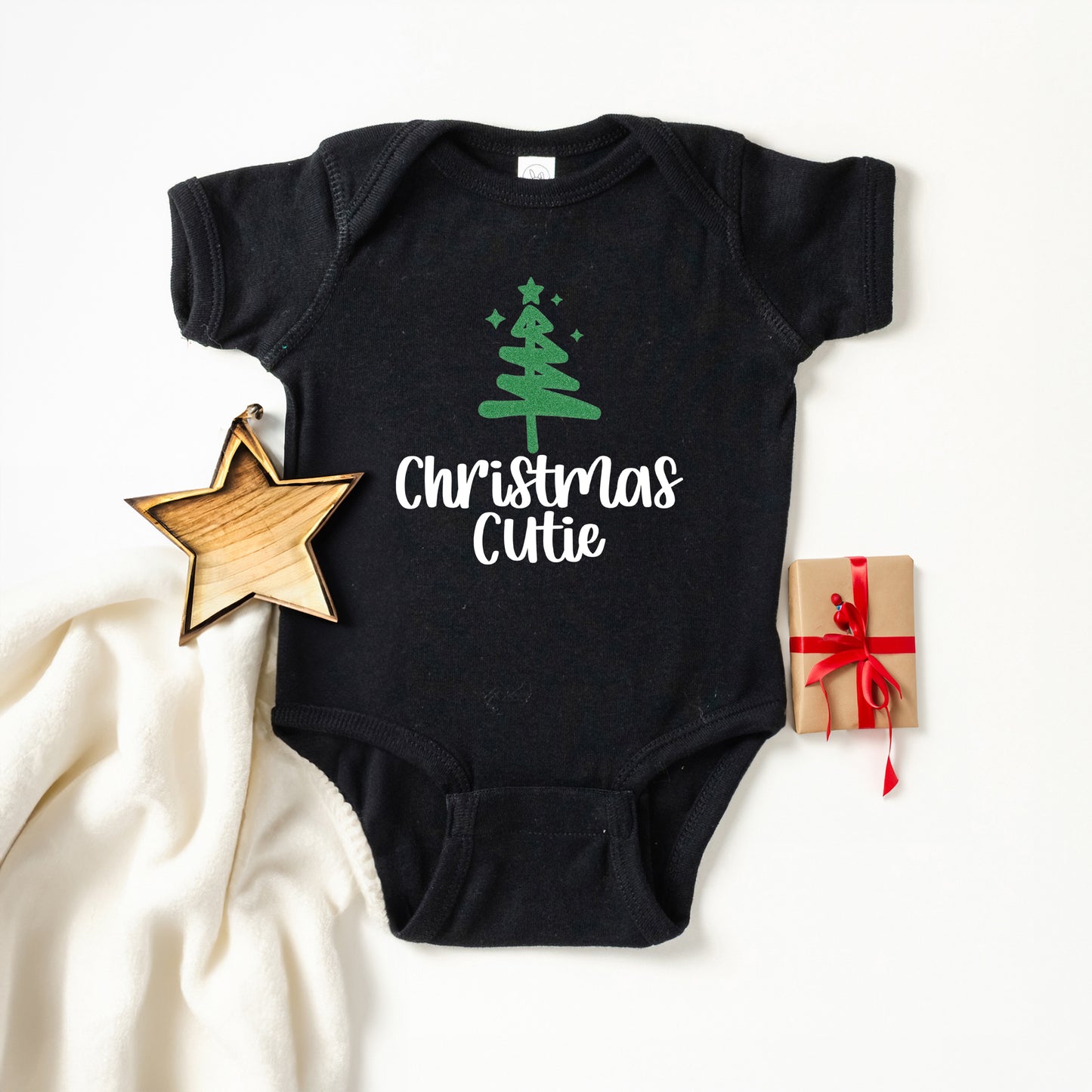 Christmas Cutie Tree Glitter | Baby Graphic Short Sleeve Onesie