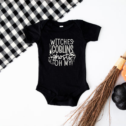 Witches Goblins Ghosts Puff Print | Baby Graphic Short Sleeve Onesie