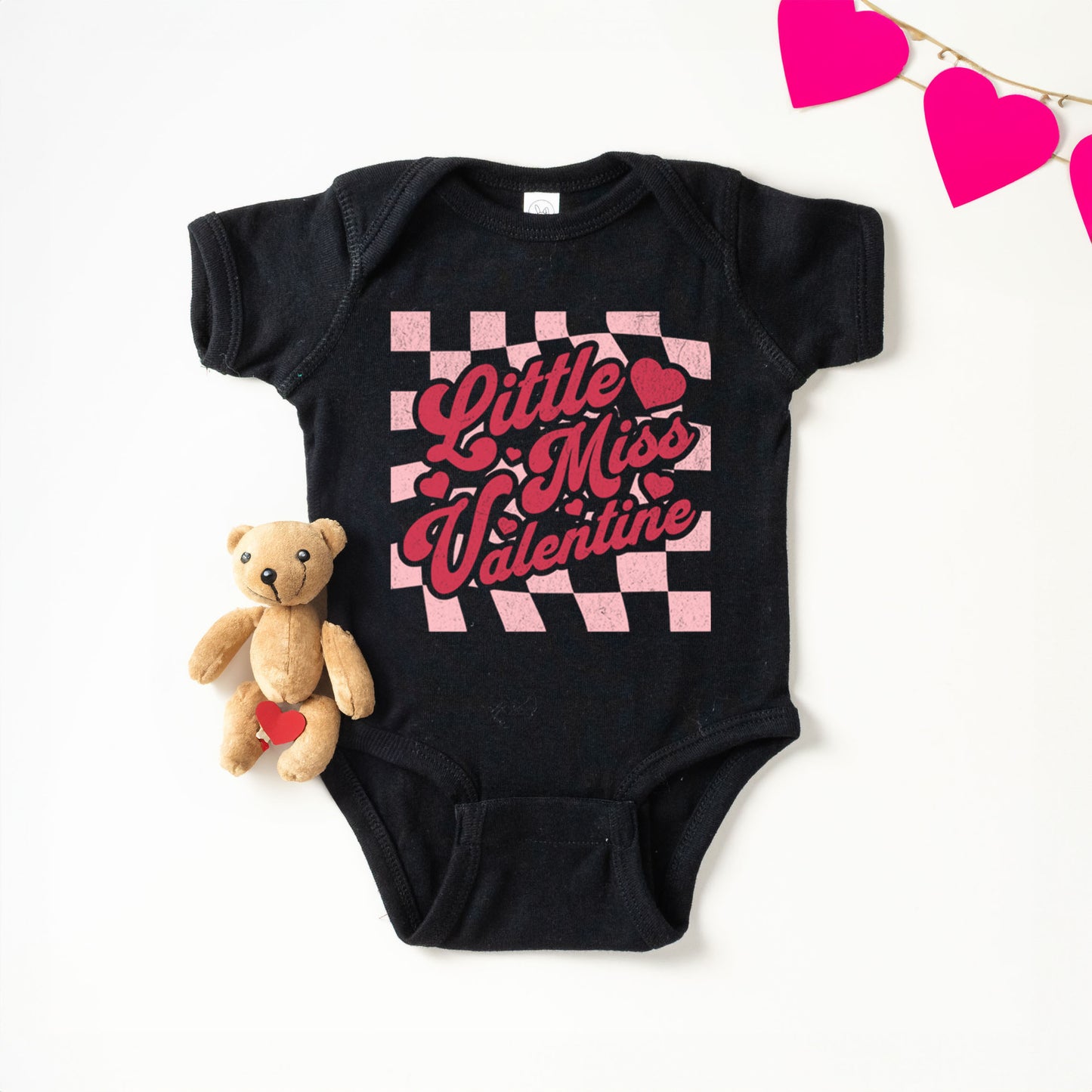 Checkered Little Miss Valentine | Baby Graphic Short Sleeve Onesie