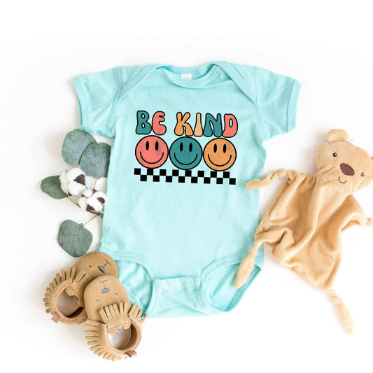 Checkered Be Kind Smiley Face | Baby Graphic Short Sleeve Onesie