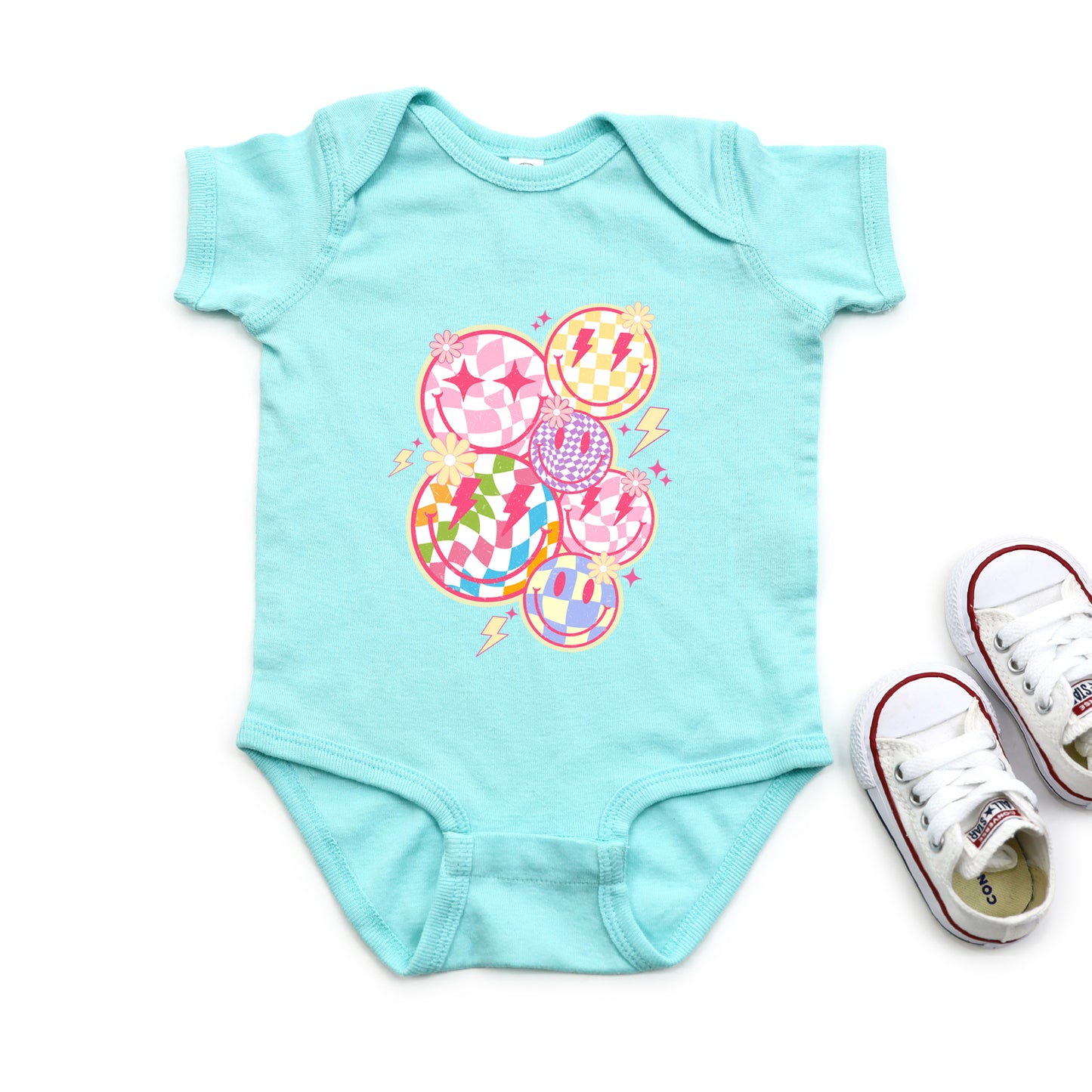 Colorful Checkered Smiley Face | Baby Graphic Short Sleeve Onesie