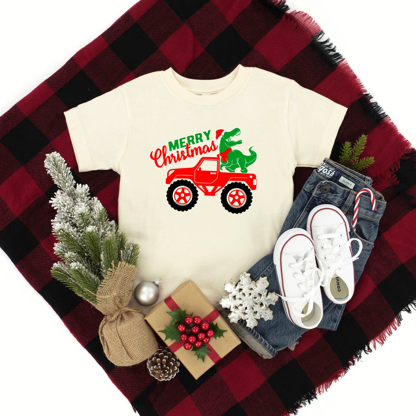 Christmas Dino Truck | Toddler Graphic Short Sleeve Tee