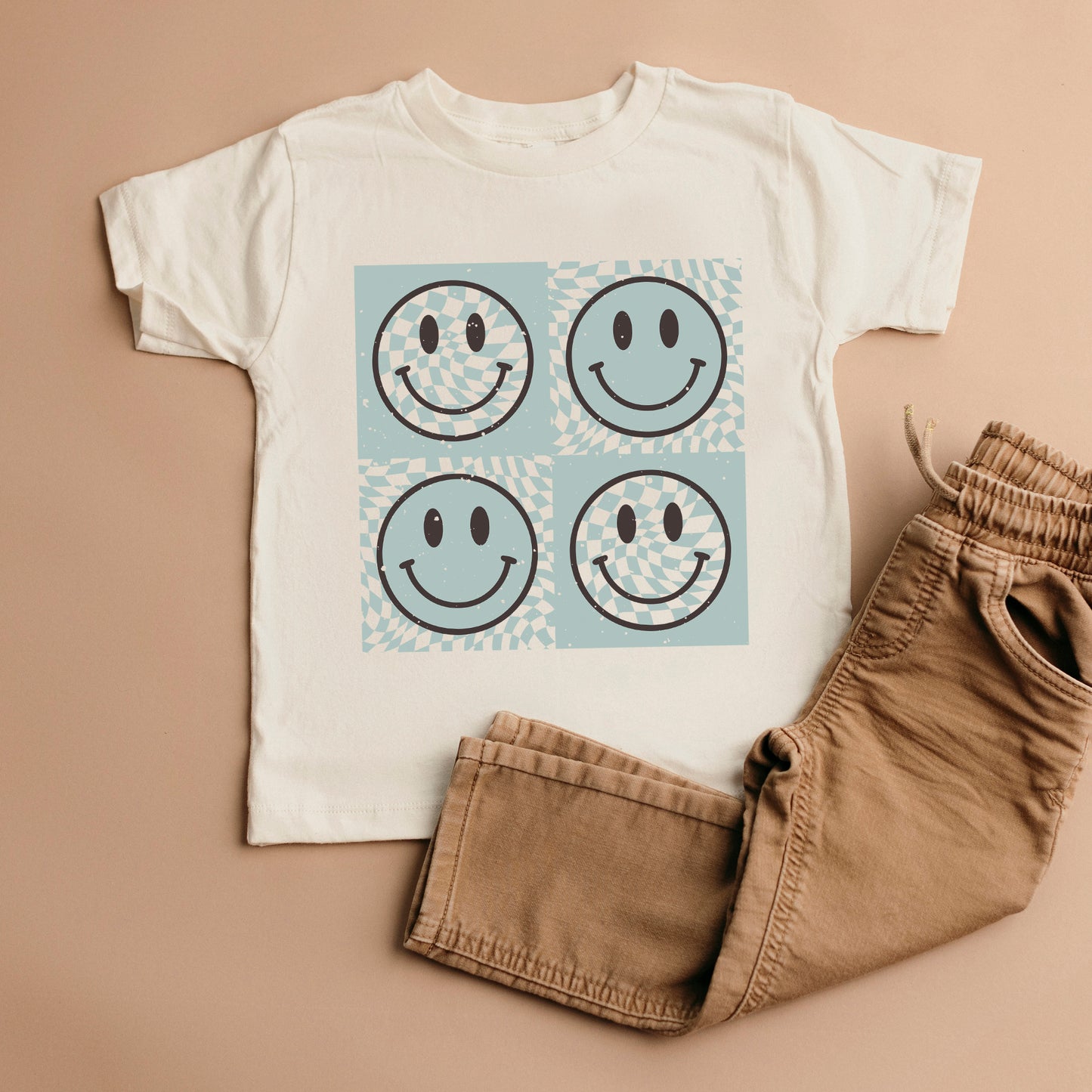 Four Checkerboard Smiley Faces | Youth Graphic Short Sleeve Tee