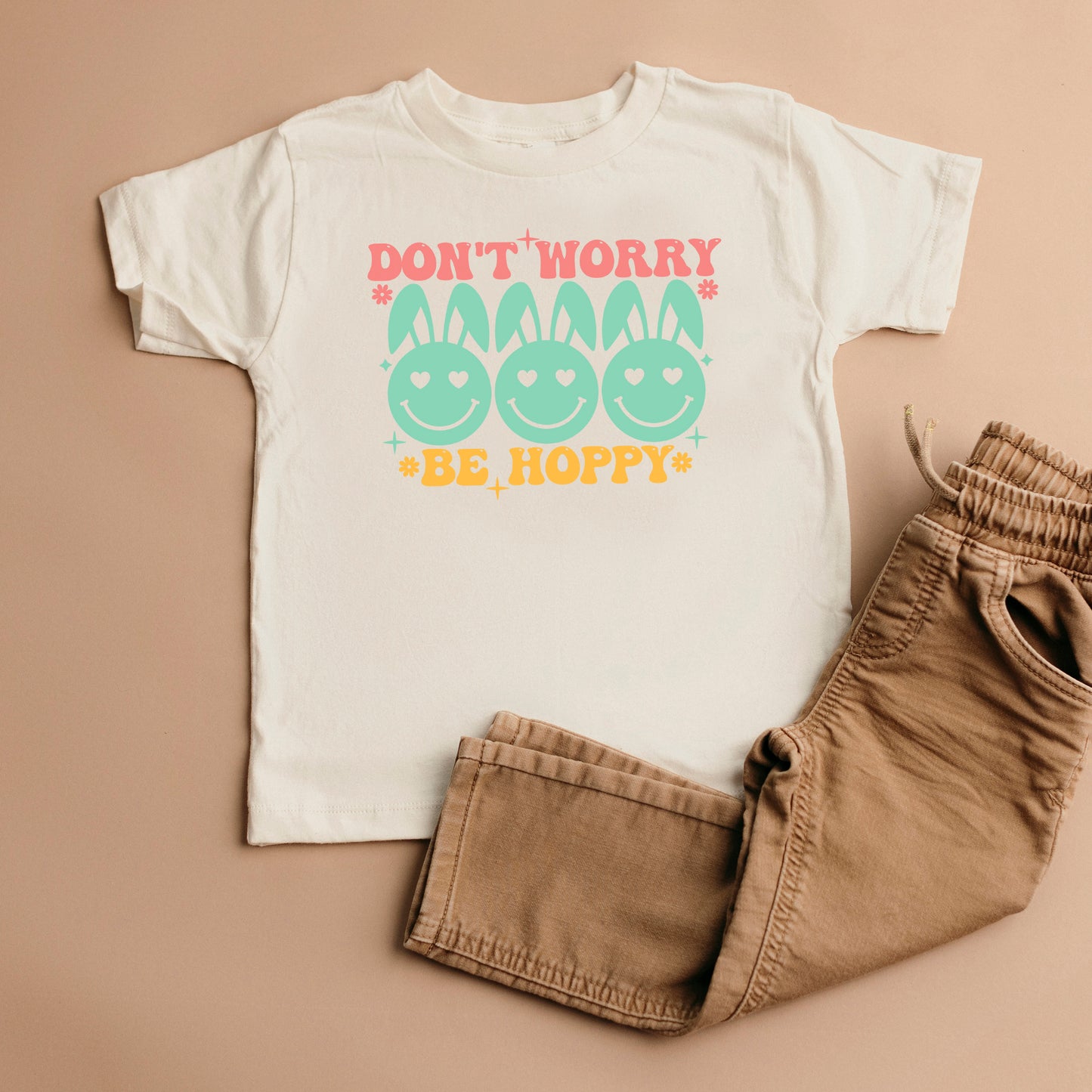 Don't Worry Be Hoppy Smiley Face With Ears | Youth Graphic Short Sleeve Tee