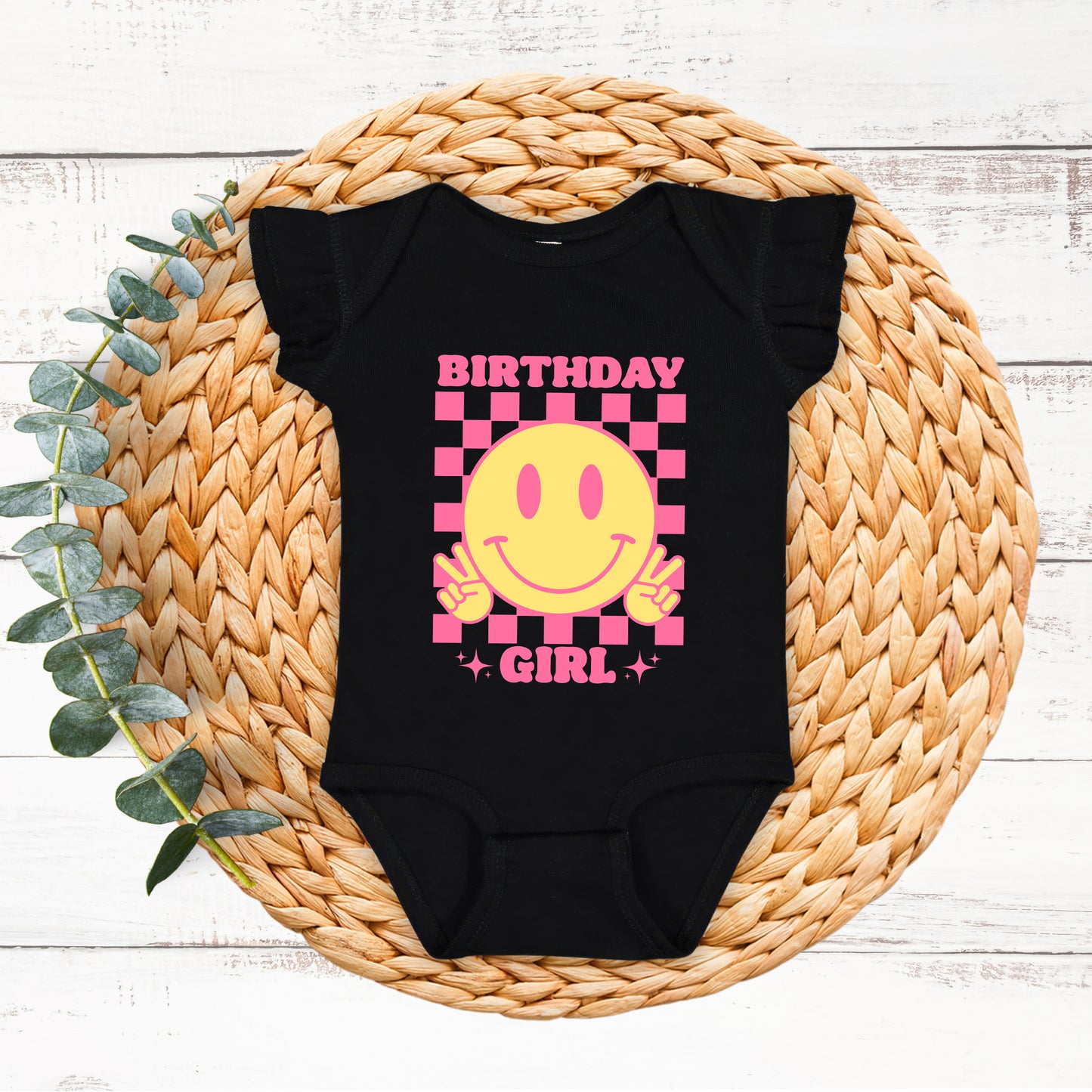 Birthday Girl Checkered | Baby Graphic Flutter Sleeve Onesie