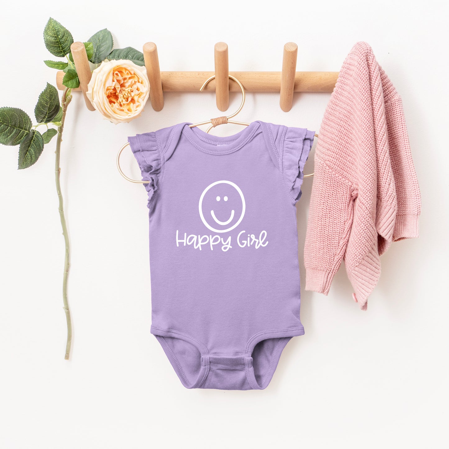 Happy Girl Smiley Face | Baby Graphic Flutter Sleeve Onesie