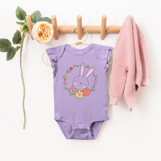 Easter Bunny Flower Wreath | Baby Graphic Flutter Sleeve Onesie