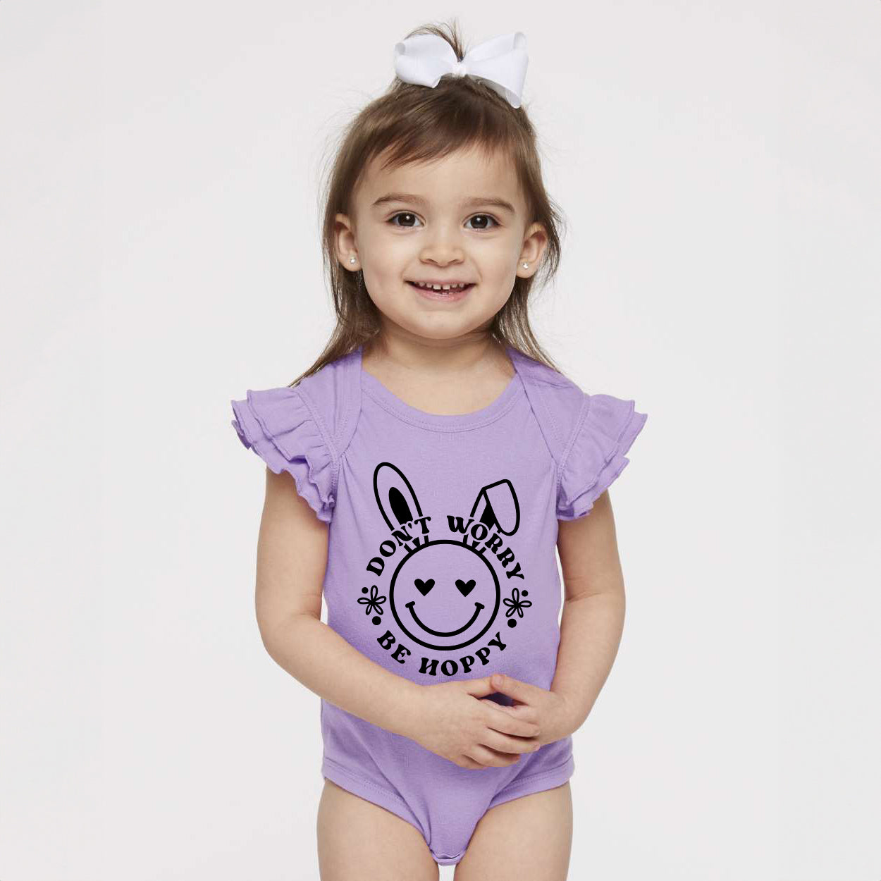 Don't Worry Be Hoppy Smiley Bunny | Baby Graphic Flutter Sleeve Onesie