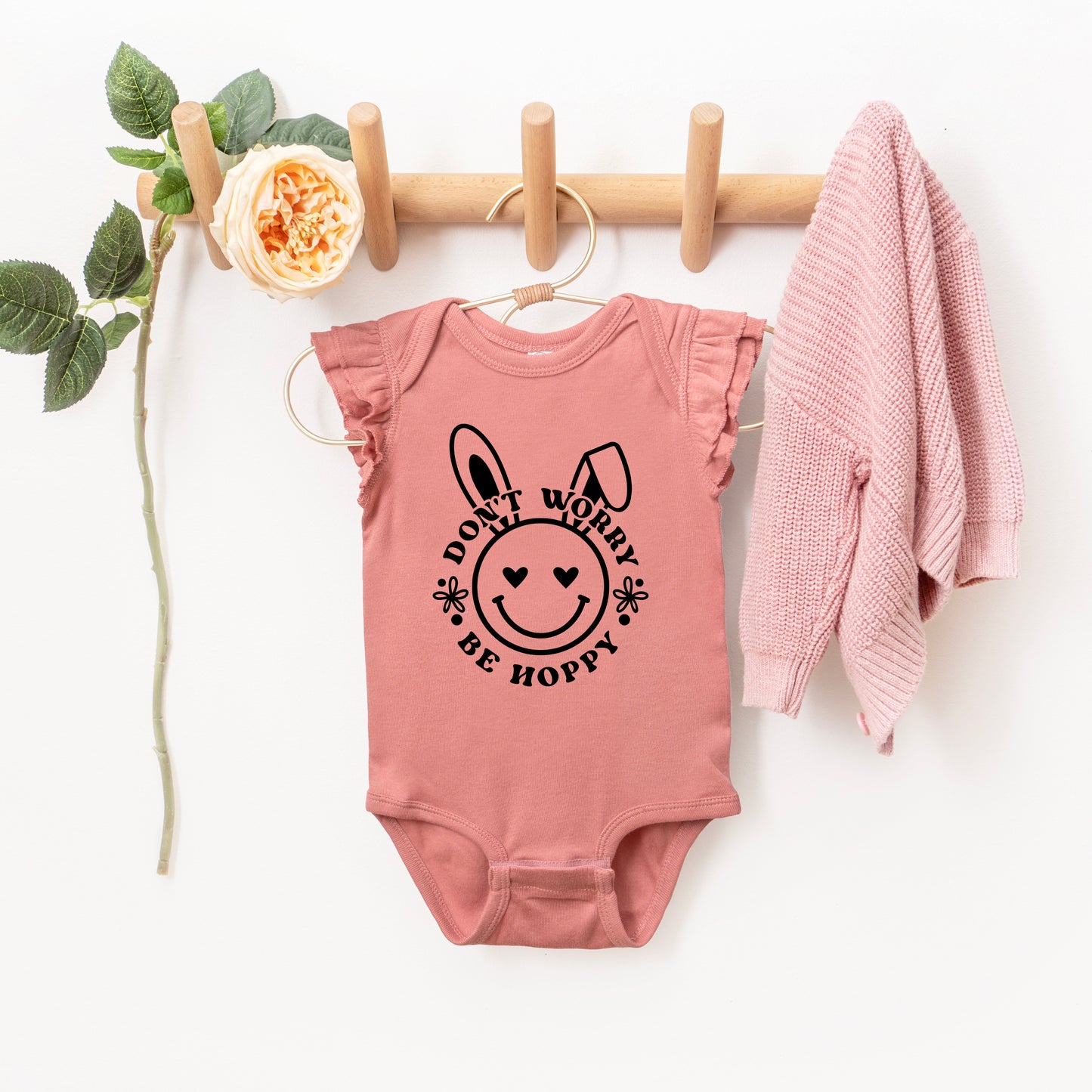 Don't Worry Be Hoppy Smiley Bunny | Baby Graphic Flutter Sleeve Onesie