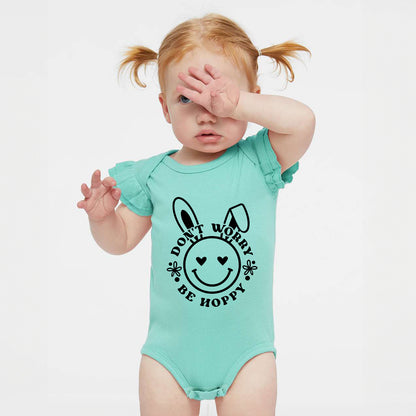Don't Worry Be Hoppy Smiley Bunny | Baby Graphic Flutter Sleeve Onesie
