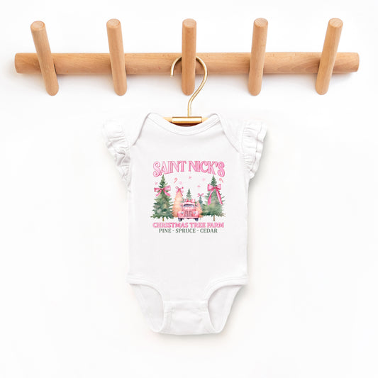 Coquette St. Nick's Tree Farm | Baby Graphic Flutter Sleeve Onesie