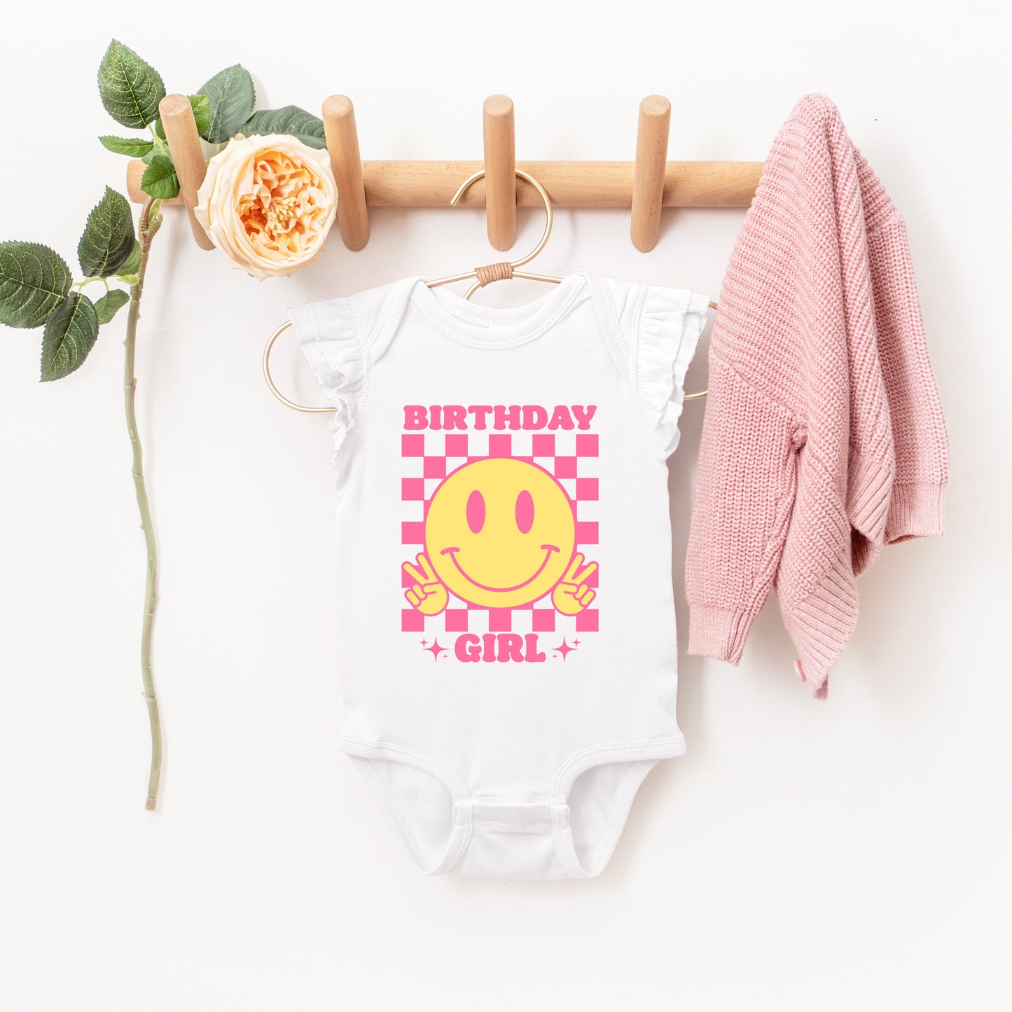 Birthday Girl Checkered | Baby Graphic Flutter Sleeve Onesie